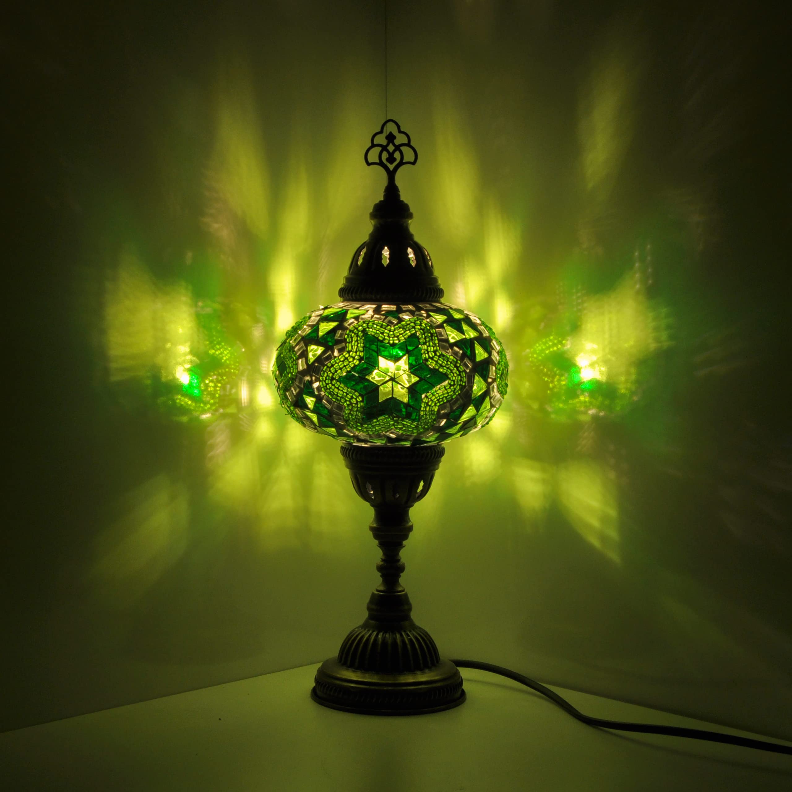 10 Styles Mosland Handmade Turkish Mosaic Table Lamp - Bronze Base Moroccan Tiffany Night Light with LED Bulb | Authentic Stained Glass Bedside Lamp for Living Room, Bedroom & Home Decor (Green)