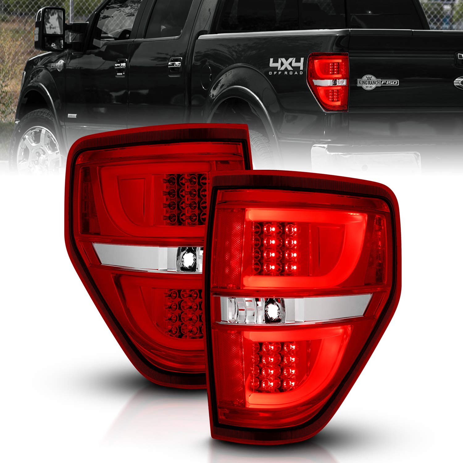 AmeriLite Red/Clear LED Bar Replacement Brake Tail Lights Set for Ford F-150 (Passenger & Driver Side) - Durable & Bright LED Lights for Enhanced Safety & Style on Trucks & Off-Road Vehicles