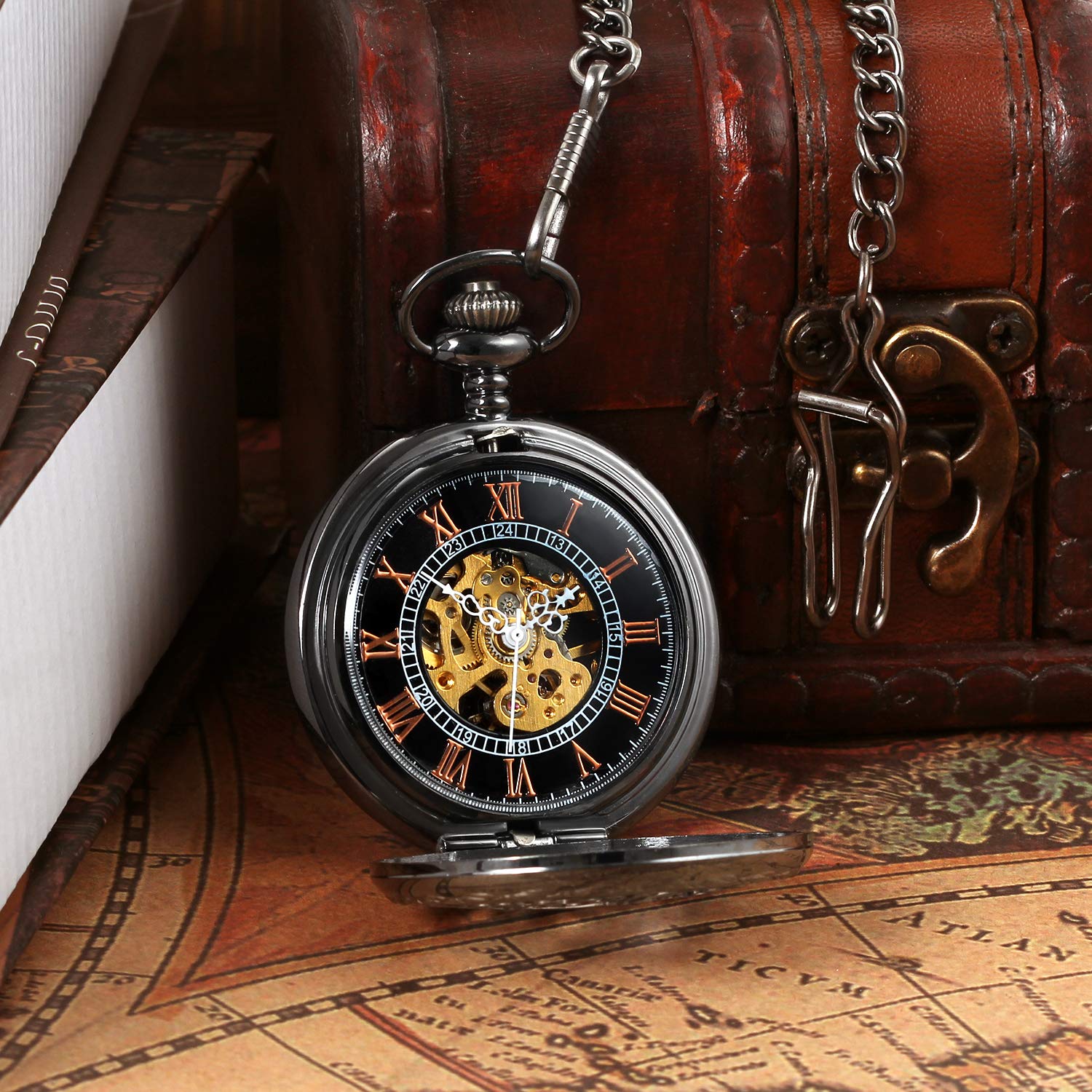 Antique Mechanical Pocket Watch - Retro Classic Hand-Wind Steampunk Fob Watch with Chain | Vintage Style Gift for Collectors, Cosplay & Special Occasions