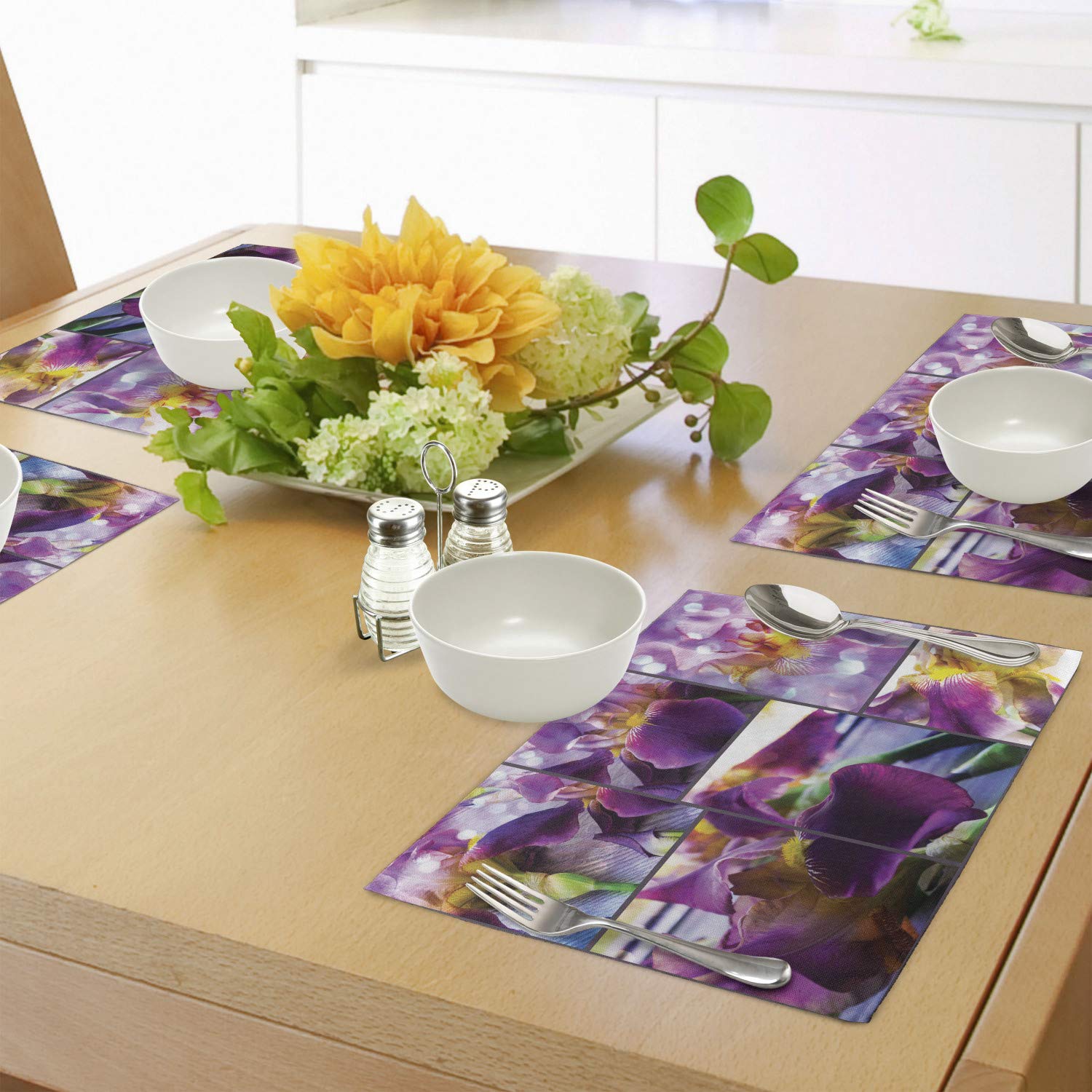 Ambesonne Rustic Place Mats Set of 4 - Blooming Iris & Orchid Floral Design on Wood Texture, Washable Fabric Table Mats for Dining Room & Kitchen Decor (Yellow & Purple) | Perfect for Spring Tablescapes, Dinner Parties & Farmhouse Style Home Decor