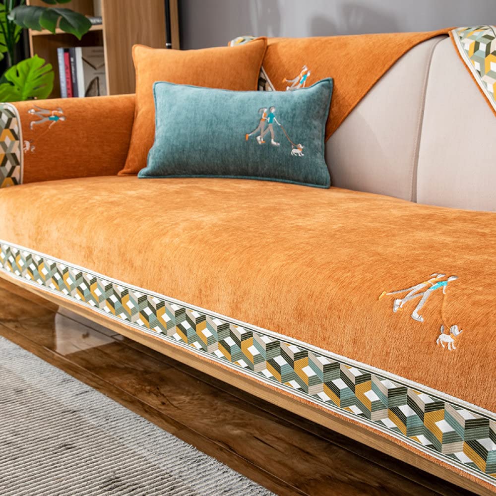 QUNLIPAI Non-Slip Plush Chenille Sofa Cover - Soft Couch Protector for Living Room, Corner Sofa & Loveseat (90x90cm, Orange) - Perfect for Home Decor, Pet Protection & Furniture Preservation