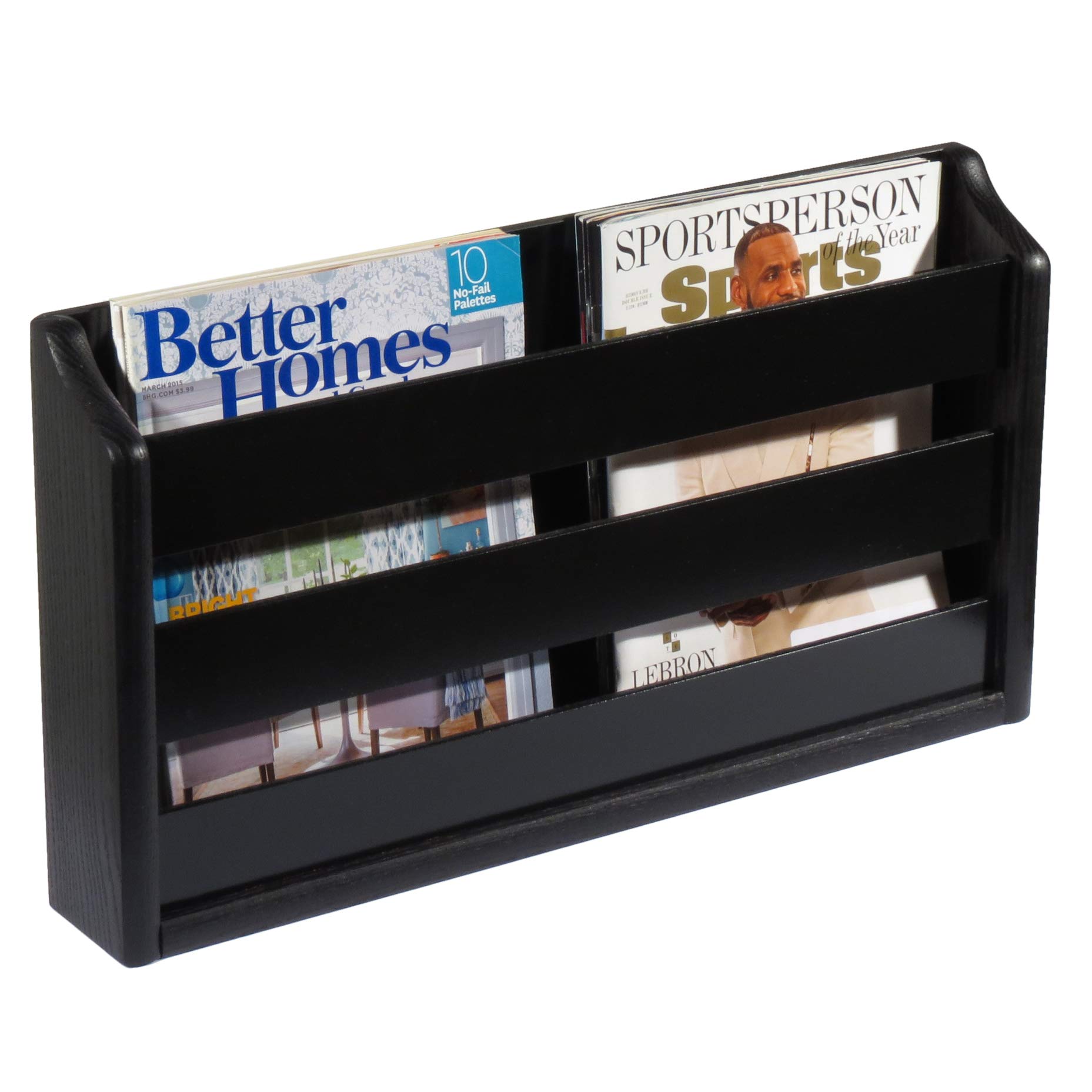 Premium Oak Wooden Mallet Doublewide Magazine Rack - Wall Mount or Tabletop Organizer for Books, Newspapers & Home Decor - Black Home Office Storage Solution