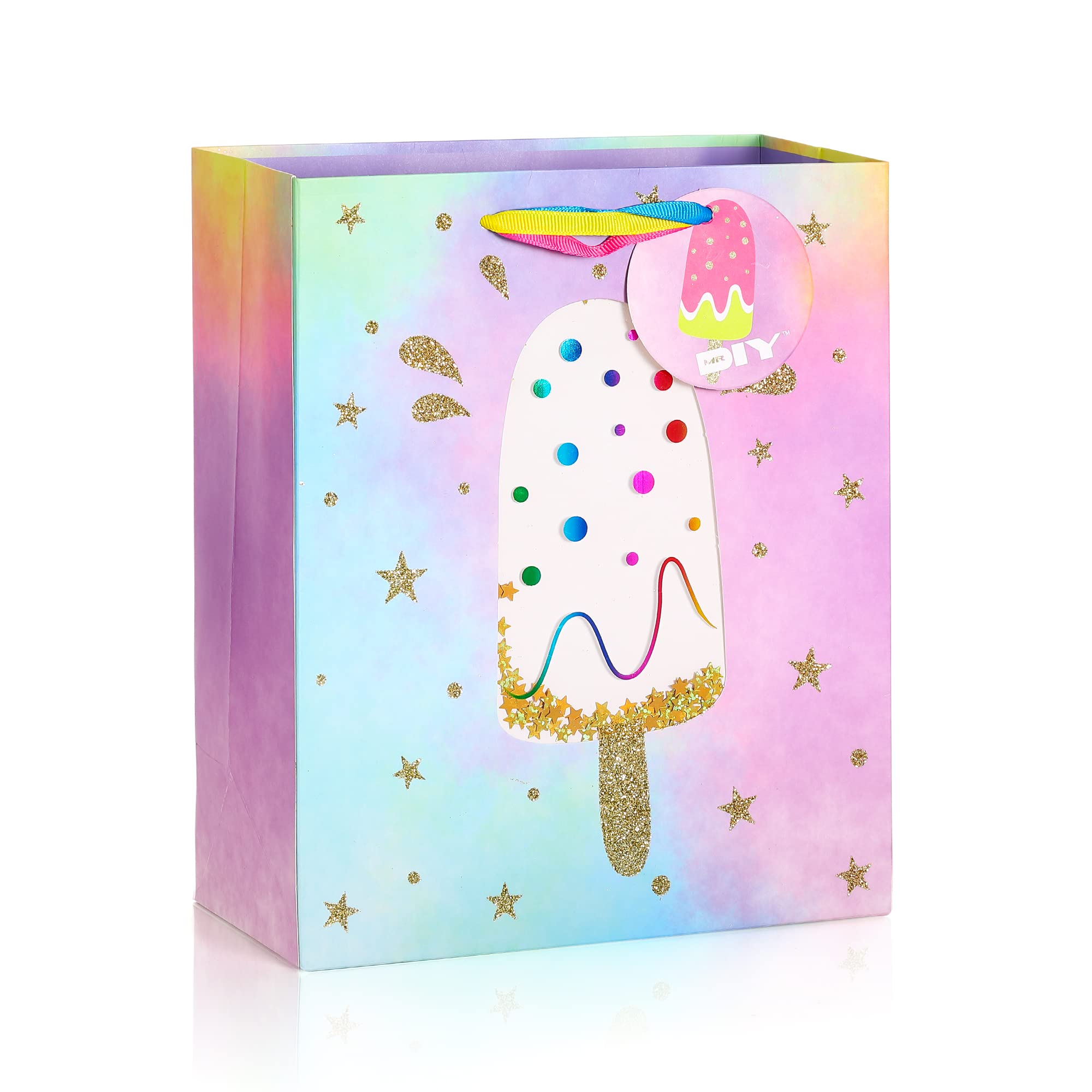 Glitter Gold Star Ice Cream Party Favor Bags (2 Pack) - Medium 7.4x3.8x8.8 Inch Gift Bags with Handles for Birthday Parties, Bridal Showers, Candy & Small Gifts - Perfect for Baby Showers, School Events & Wedding Favors