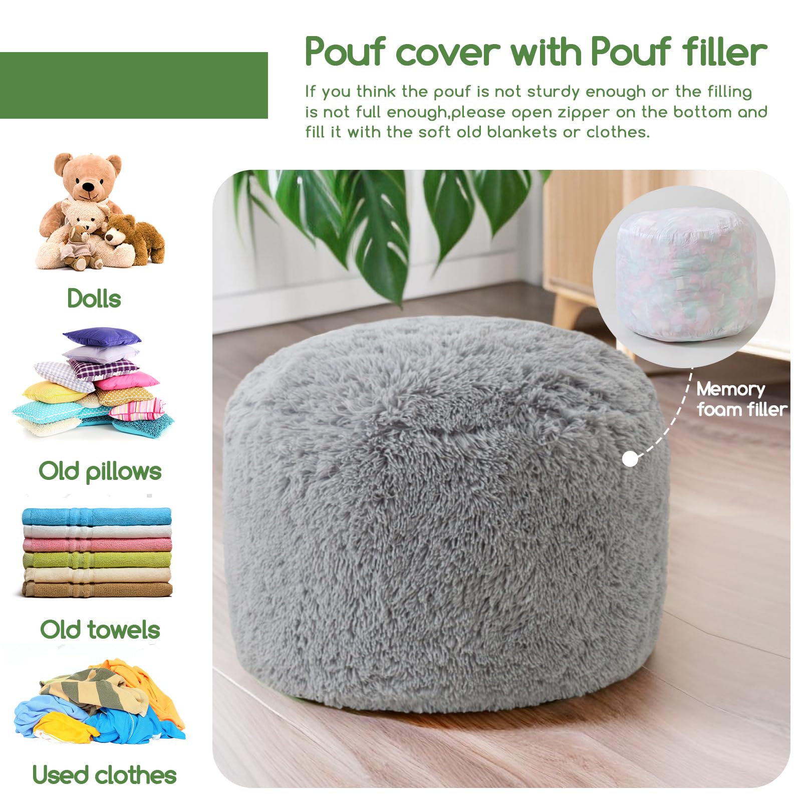 MAXYOYO Round Stuffed Pouf Ottoman - Soft Faux Fur Floor Cushion with Foam Chunk Filling, Grey Home Decor for Living Room, Bedroom & Nursery - Cozy Seating & Footrest for Relaxation