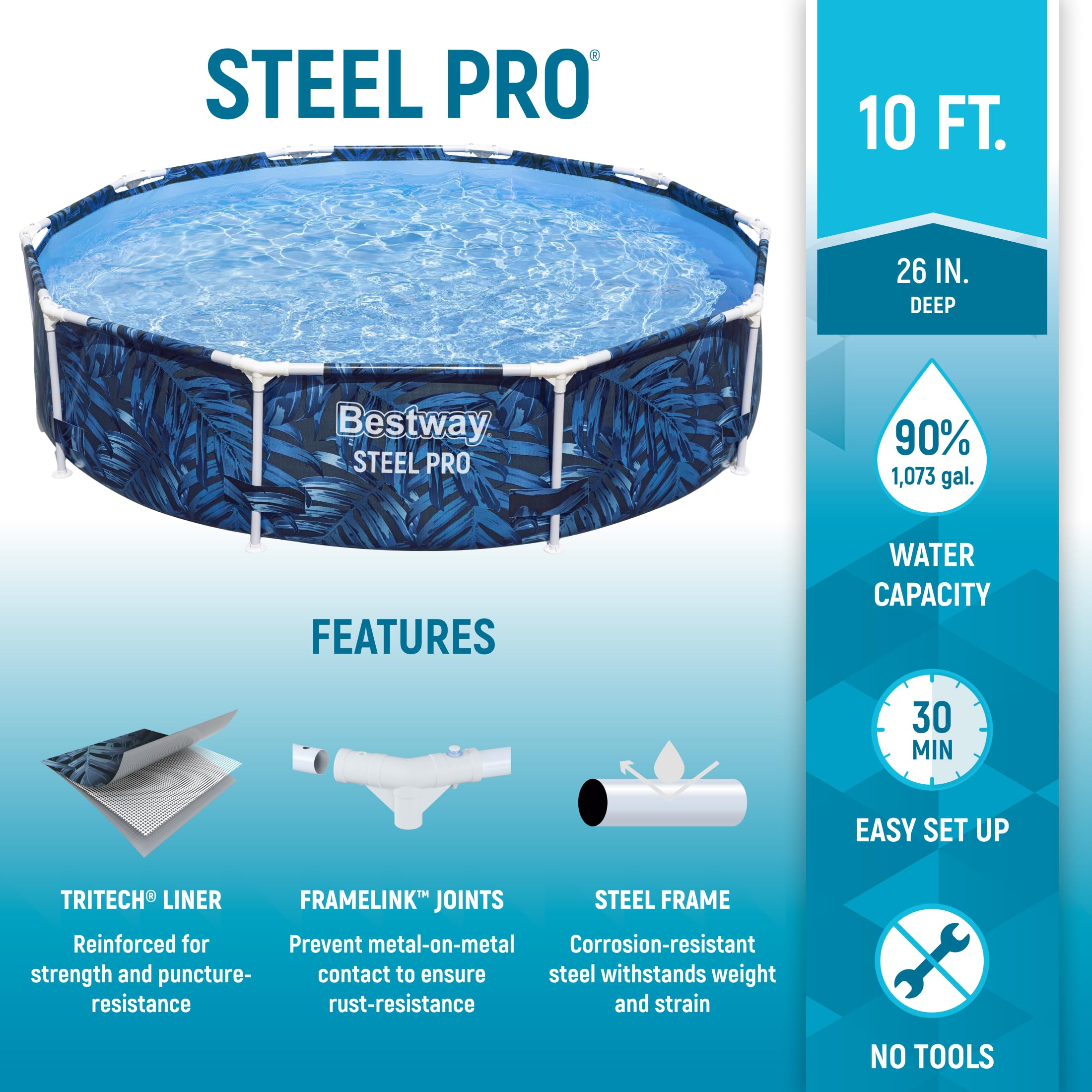 Bestway Steel Pro 10ft x 26in Above Ground Round Backyard Swimming Pool | 1073 Gallon Capacity | Durable Steel Frame | Colorful Animal Graphics | Perfect for Kids, Family Fun & Summer Relaxation