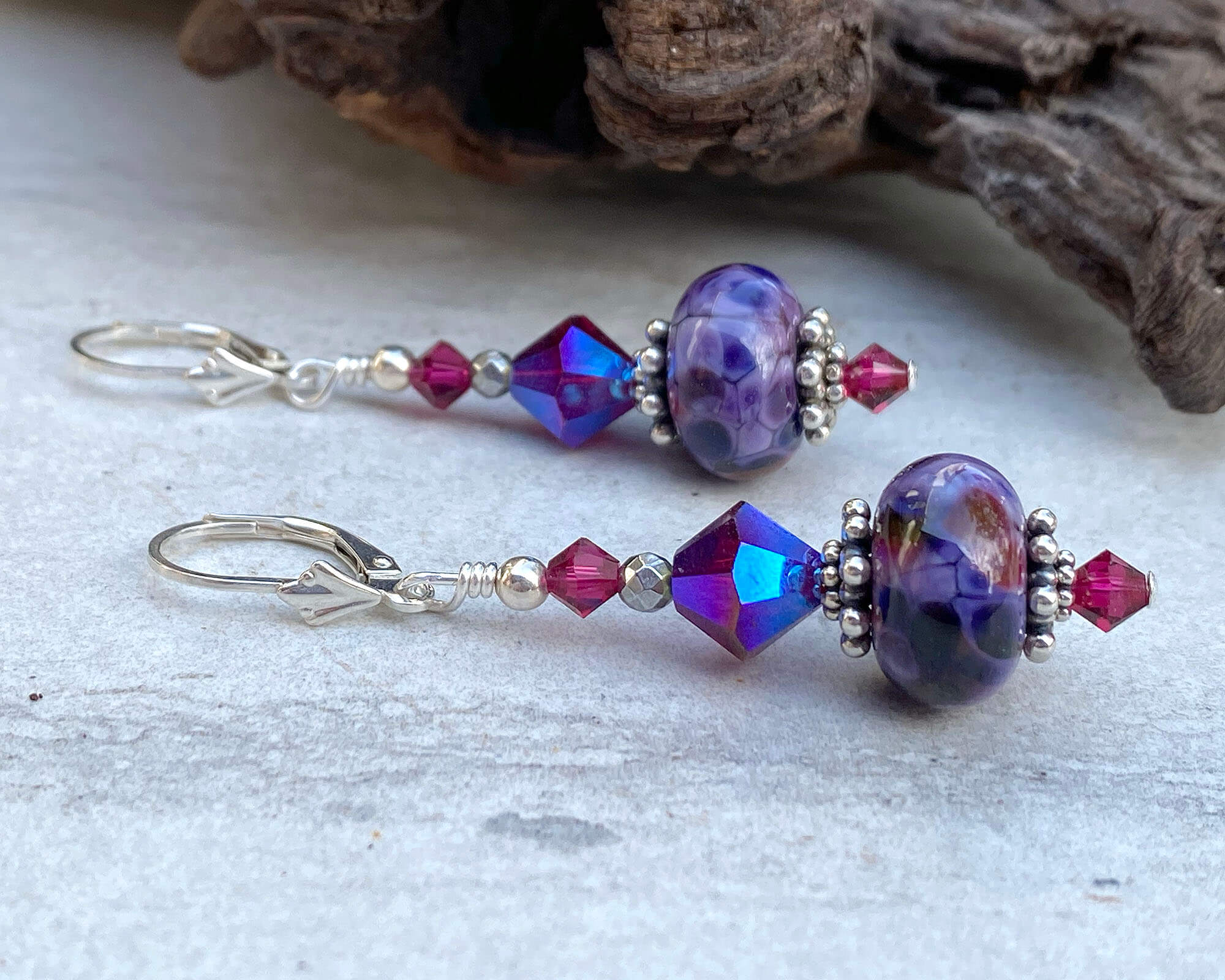 Purple Fuchsia Crystal Lampwork Earrings – Handmade Glass Bead Jewelry for Women | Elegant Gift for Parties, Weddings & Special Occasions