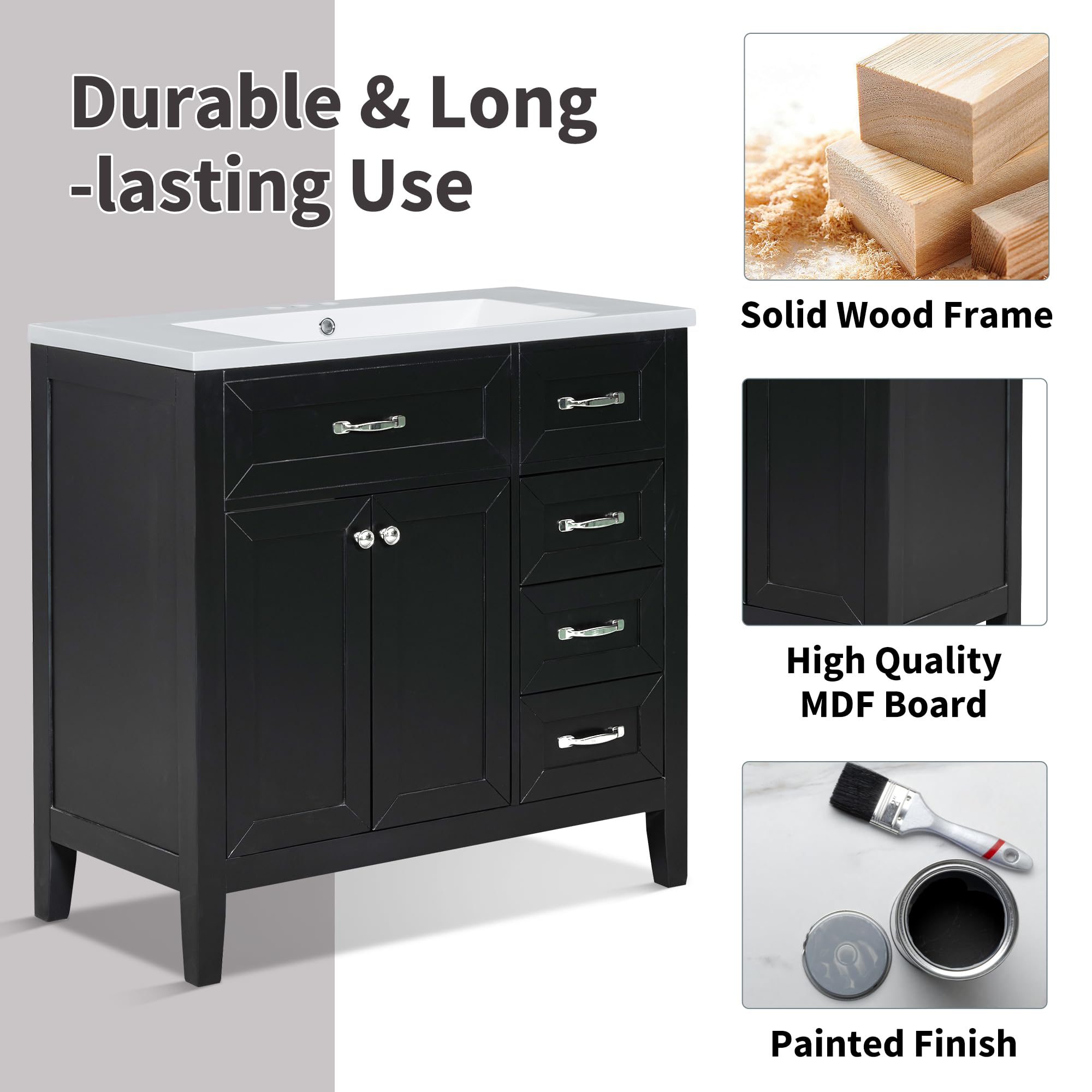 PURLOVE 36 Inch Modern White Bathroom Vanity with Sink - Bathroom Cabinet with Doors and Drawers, Vessel Sink Set for Small Bathrooms, Powder Rooms & Master Baths | Perfect for Home Renovation & Apartment Upgrades