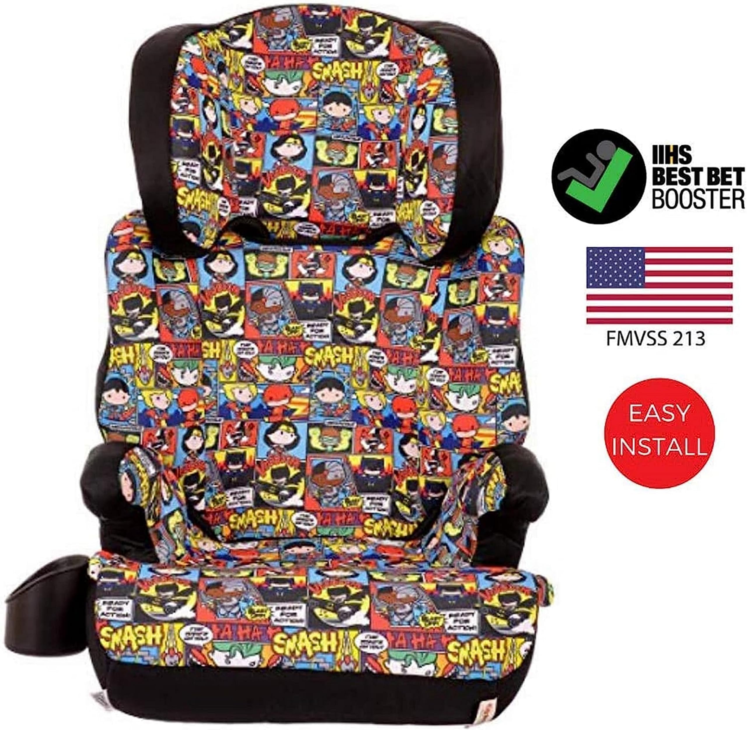 KidsEmbrace DC Comics Chibi Justice League High-Back Booster Car Seat for Toddlers - Safe & Comfortable Car Seat for Kids Travel, Road Trips & Daily Commute