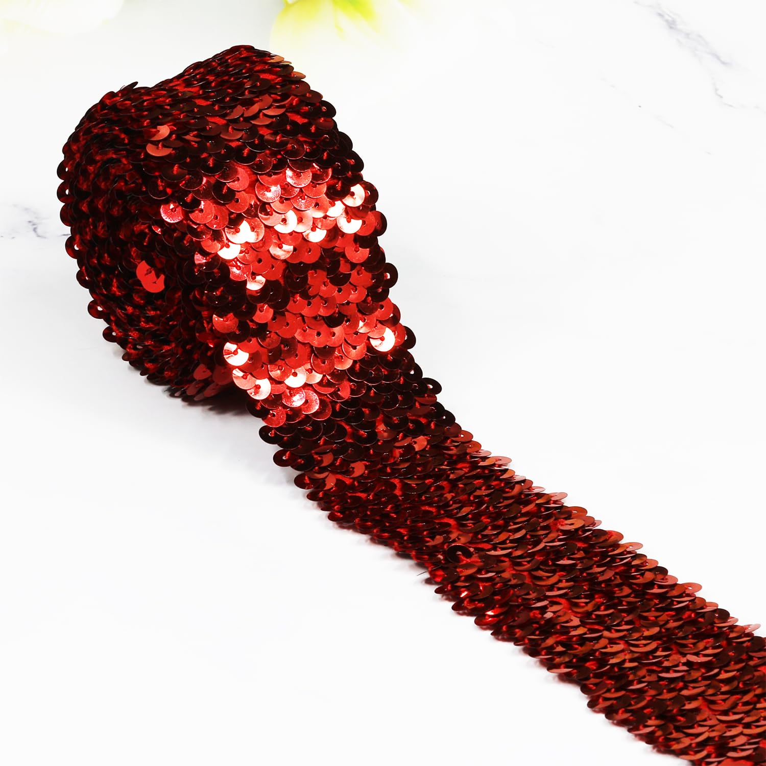 5 Yards Red Elastic Sequin Ribbon Trim - 1.9 Inch Wide for Sewing, Dressmaking, Dance Costumes & Headbands - Perfect for DIY Crafts, Party Decorations & Fashion Accessories