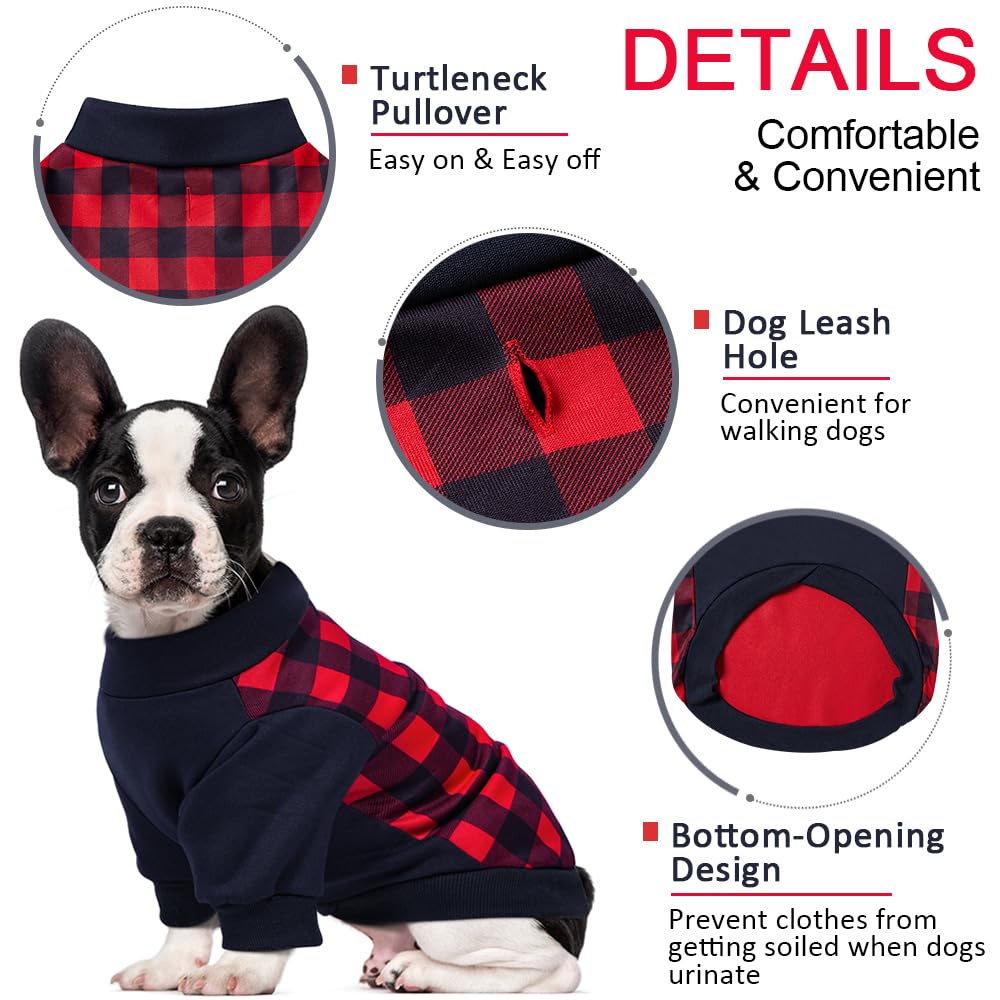 GreenJoy Plaid Dog Christmas Sweater - Cozy Turtleneck Pet Outfit with Leash Hole, Soft & Warm Winter Coat for Small Dogs & Cats (Red/Navy Plaid) - Perfect for Holiday Photos & Christmas Parties
