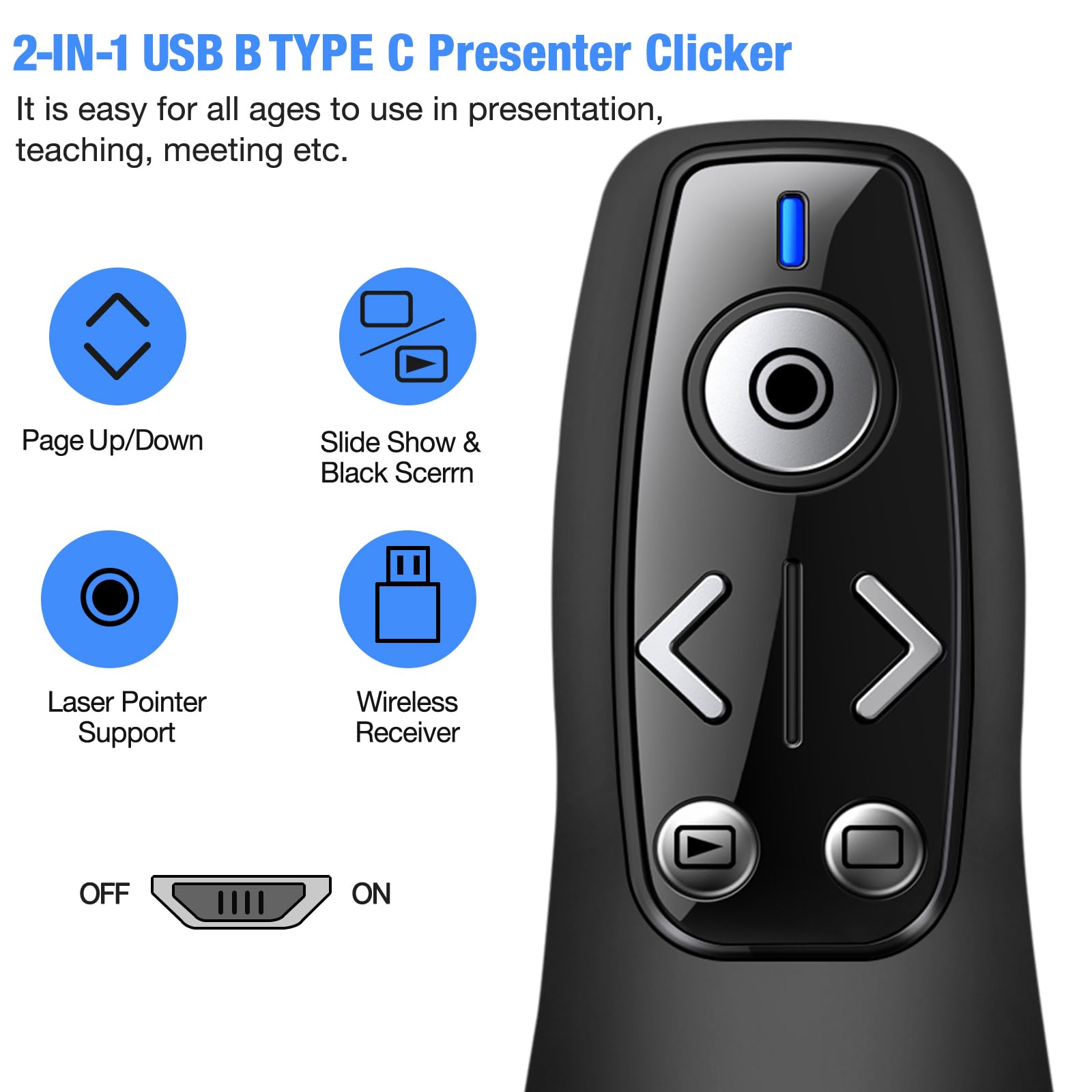 Wireless Presenter Remote with Carry Case - Rechargeable PowerPoint Clicker for Mac, PC, Laptop - Perfect for Business Presentations, Classroom Teaching & Online Meetings