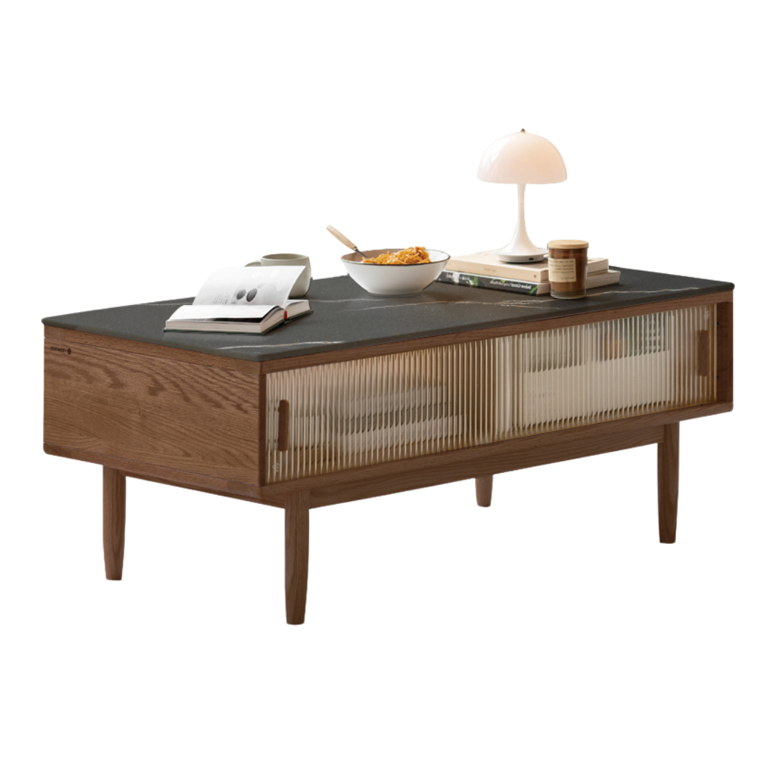 Solid Oak and Beech Wood Coffee Table with Glass Doors - Modern Living Room Furniture for Home Decor and Entertainment