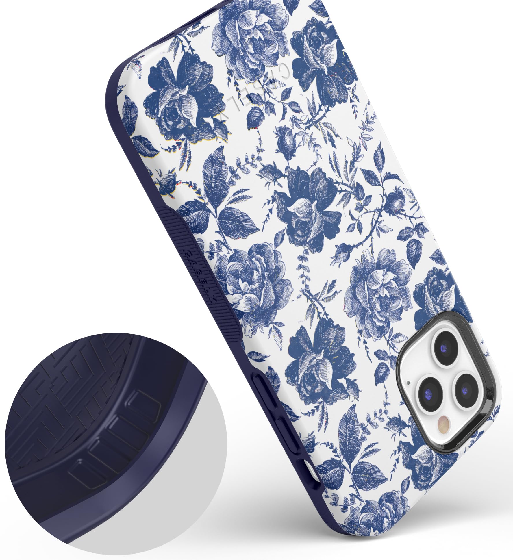 Casely iPhone 12/12 Pro Floral Phone Case - Rose to Fame Coquette Design | Blue & White Rose Pattern | Slim Protective Cover for Women | Perfect for Everyday Use & Gift Giving