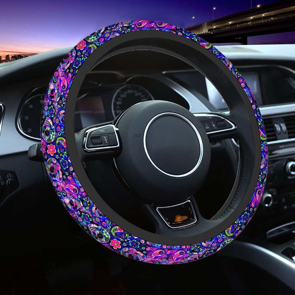 Swono Sugar Skull Steering Wheel Cover - Abstract Purple Sugar Skull & Paisley Flower Design, Anti-Slip Car Wheel Wrap for Most 15-Inch Steering Wheels (Fits Cars & Trucks) - Perfect for Gothic Style Lovers & Unique Car Accessories