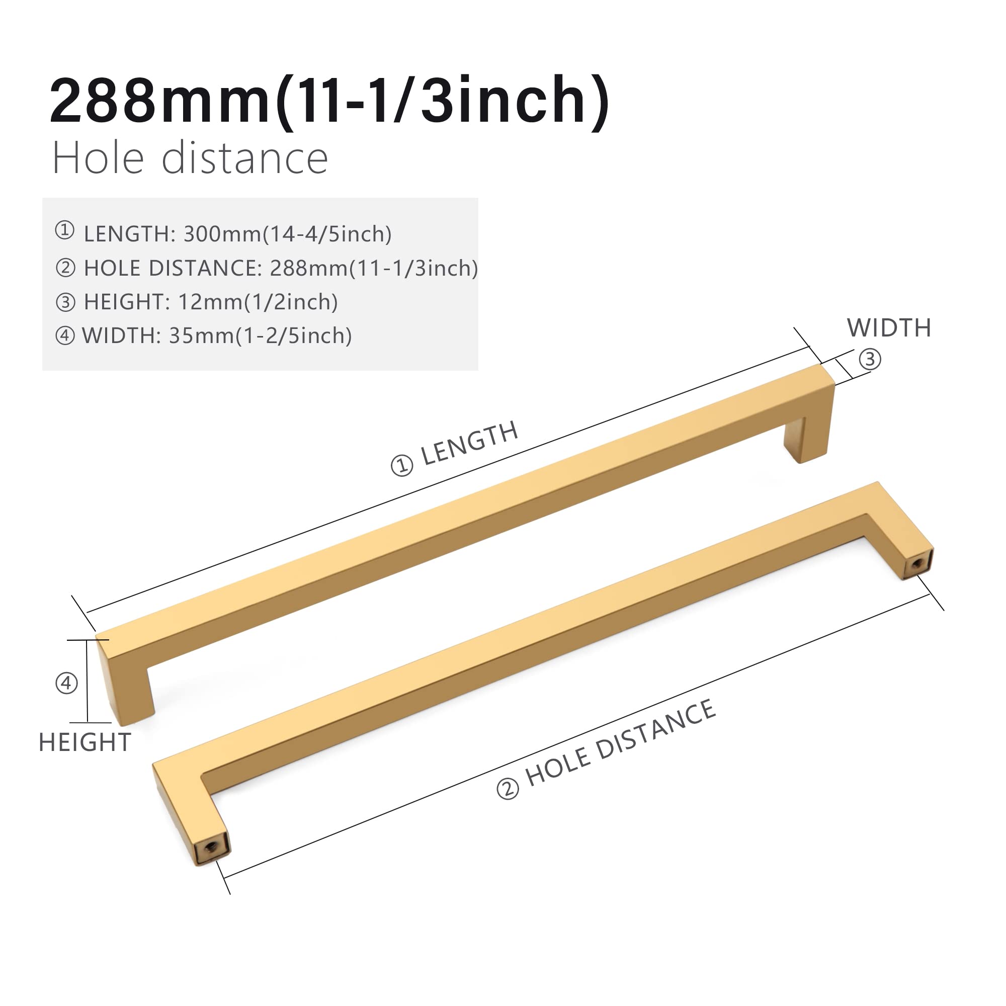 Gold Cabinet Handles & Drawer Pulls - 5 Pack 11-1/3 Inch (288mm) Stainless Steel Square Kitchen Cabinet Hardware for Cupboards, Doors & Drawers - Perfect for Modern Kitchen & Bathroom Renovations