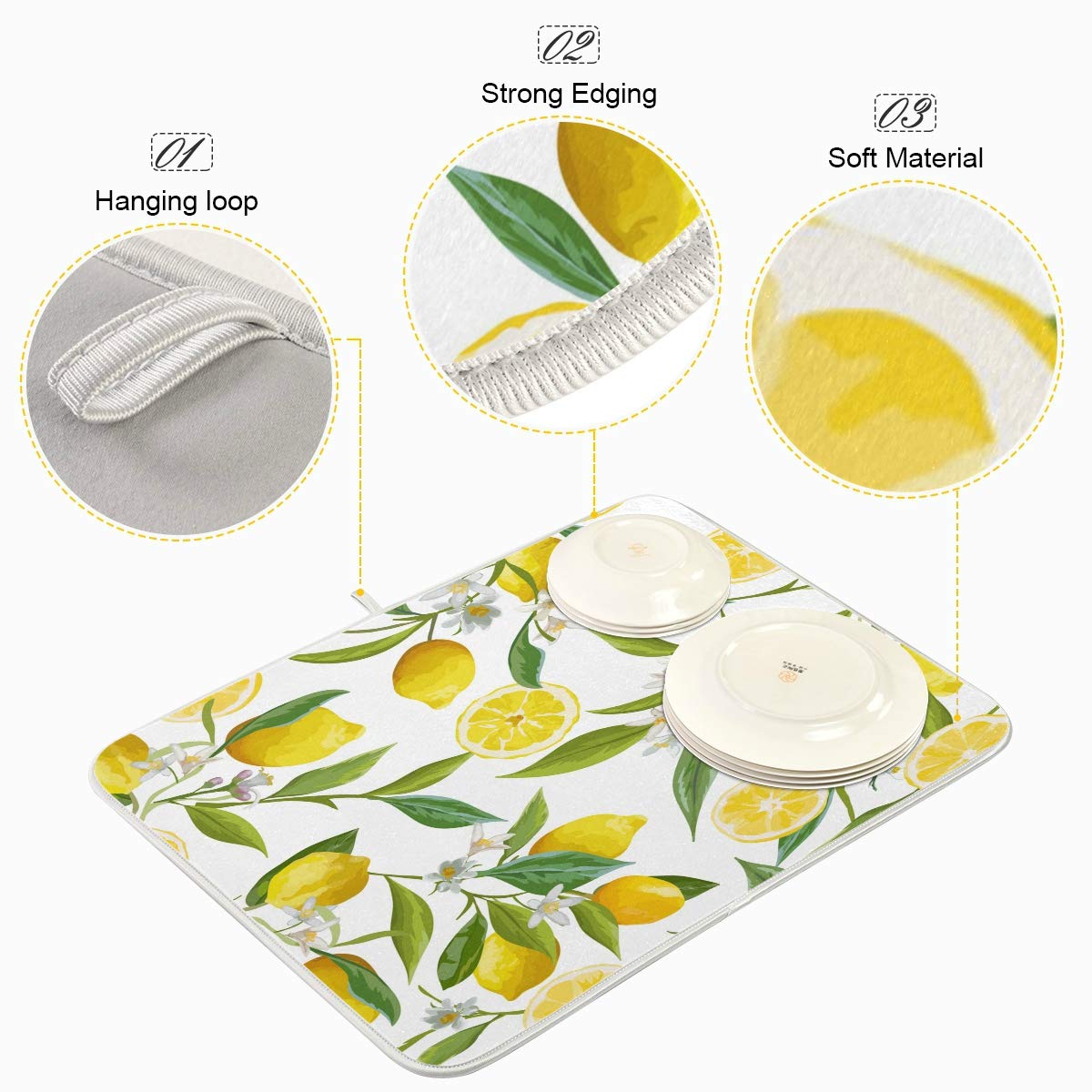 Lemon Flower Dish Drying Mat - Absorbent Microfiber Kitchen Pad (16x18
