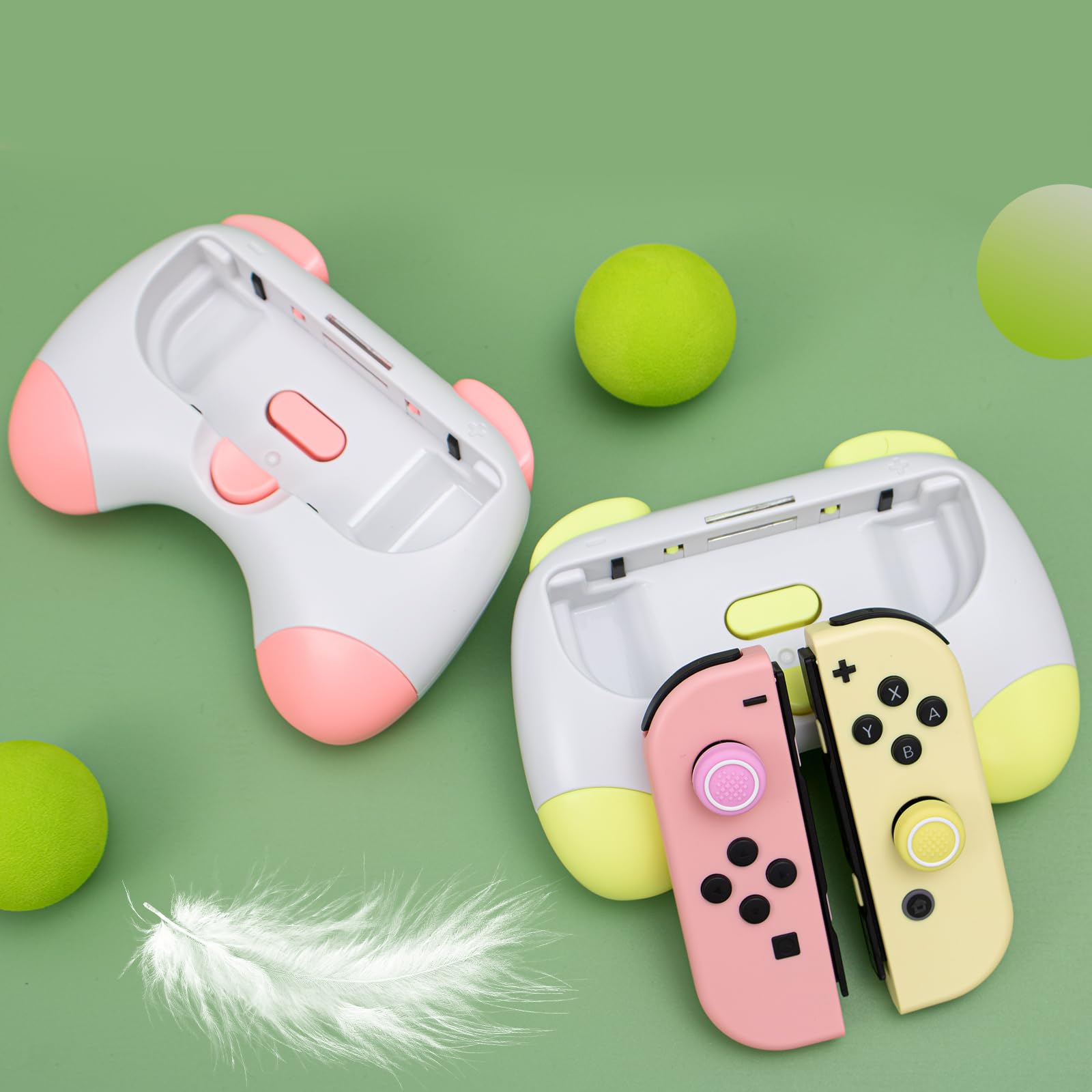 HeatFun Durable Joy-Con Grips for Nintendo Switch - 2 Pack Pink & Yellow Wear-Resistant Handle Kit - Perfect for Gaming, Travel & Long Play Sessions