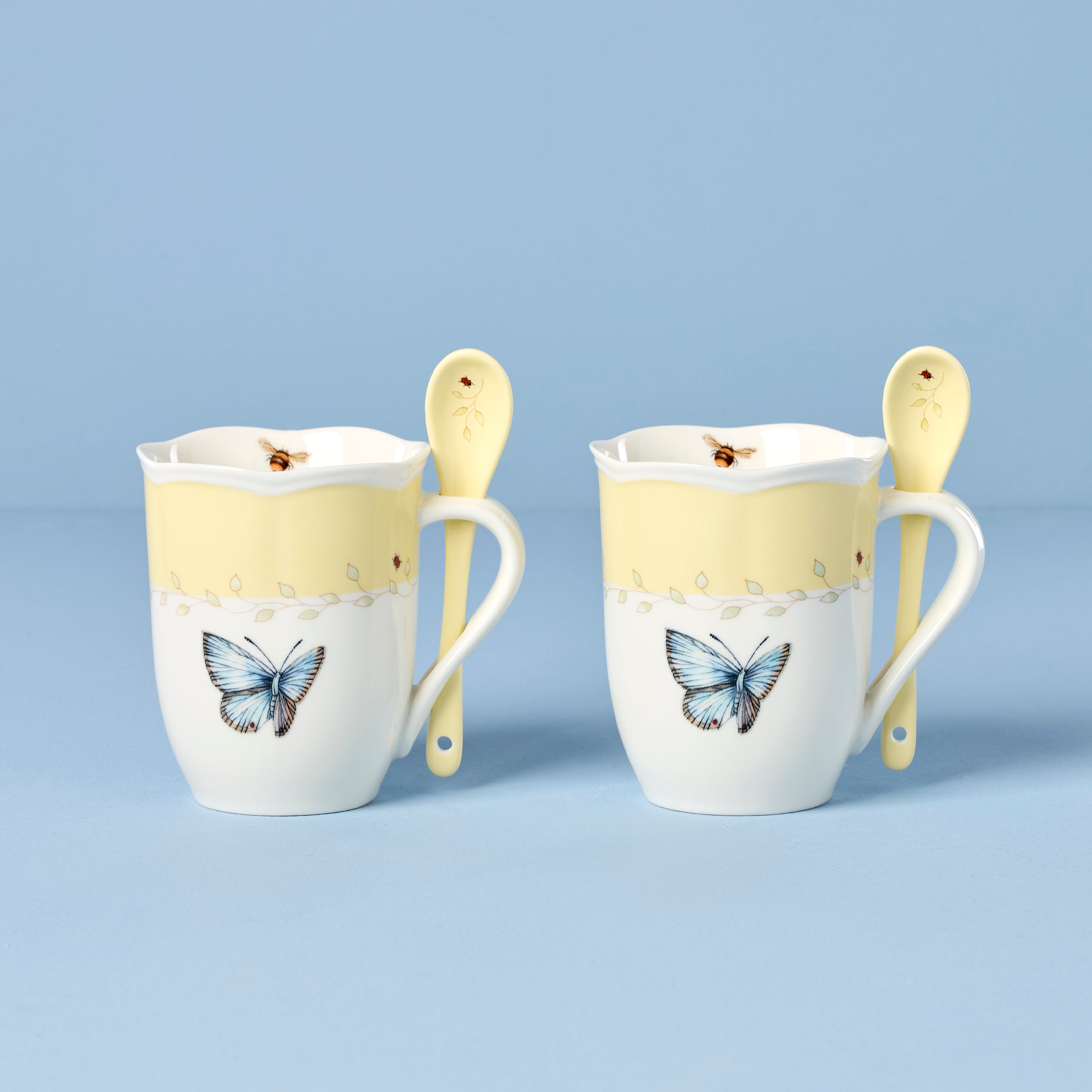 Butterfly Meadow Yellow Coffee Mugs with Spoons - Set of 2 Ceramic Cups for Tea, Hot Chocolate & Breakfast - Perfect for Home, Office & Gift Giving