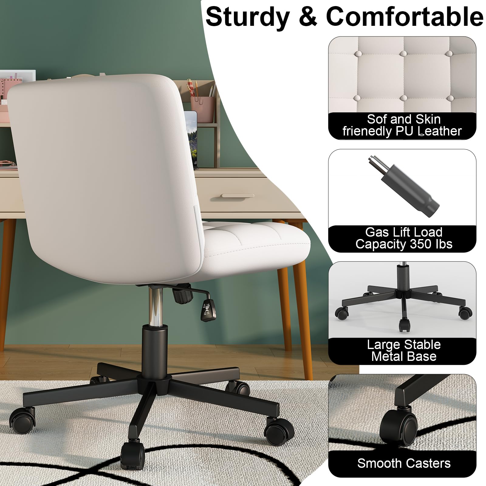 White PU Leather Swivel Office Chair with Wheels - Adjustable Height Criss Cross Leg Design Armless Computer Desk Chair for Home Office, Perfect for Working, Gaming & Vanity Dressing