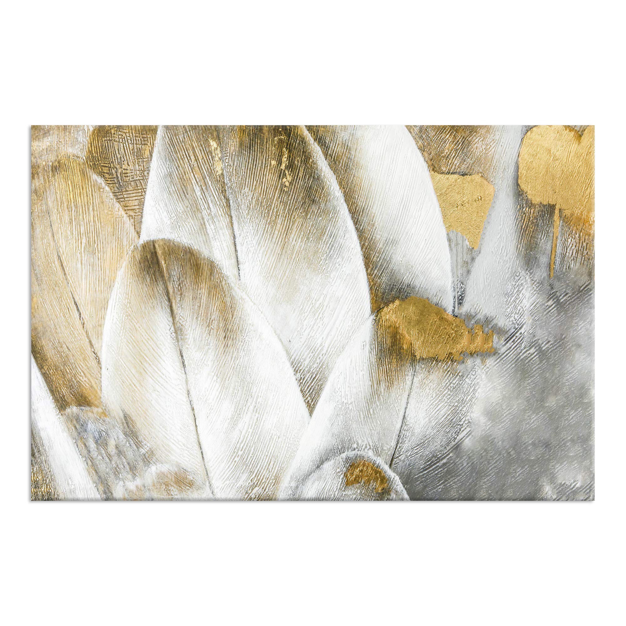 Abstract Gold Feather Wall Art - Grey & White Canvas Painting, Framed Ready to Hang Home Decor for Living Room & Bedroom | Modern Feather Poster Artwork for Housewarming Gift & Interior Design