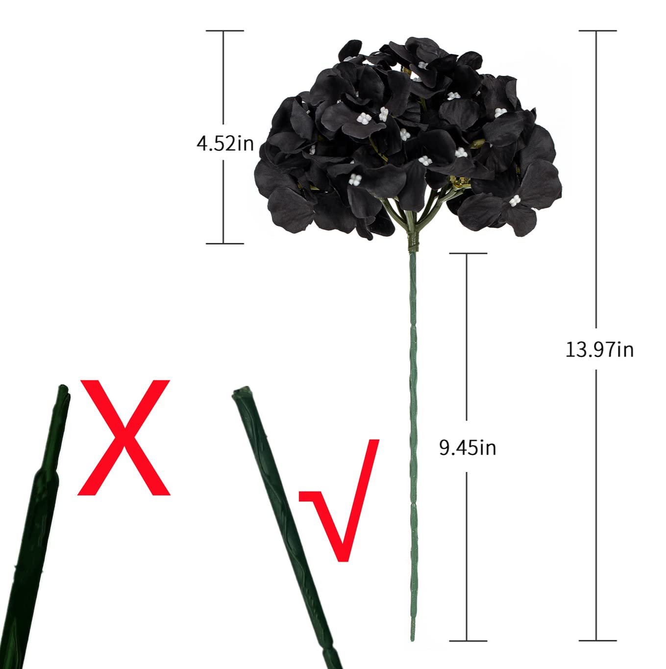 10pcs Black Hydrangea Silk Flower Heads with Stems - Artificial Wedding Flowers for Home Decor, Party & Baby Shower Arrangements - Perfect for Centerpieces, Bouquets and DIY Floral Projects