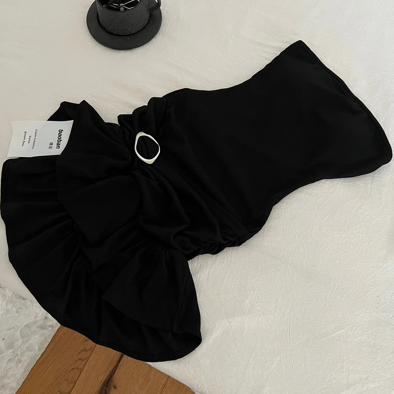 Elegant Black Pleated A-Line Short Dress for Women - Sexy Off Shoulder Ruffled Edge Strapless Club Dress - Summer Sleeveless Brown Mini Dress | Perfect for Night Out, Party, Date Night and Special Occasions