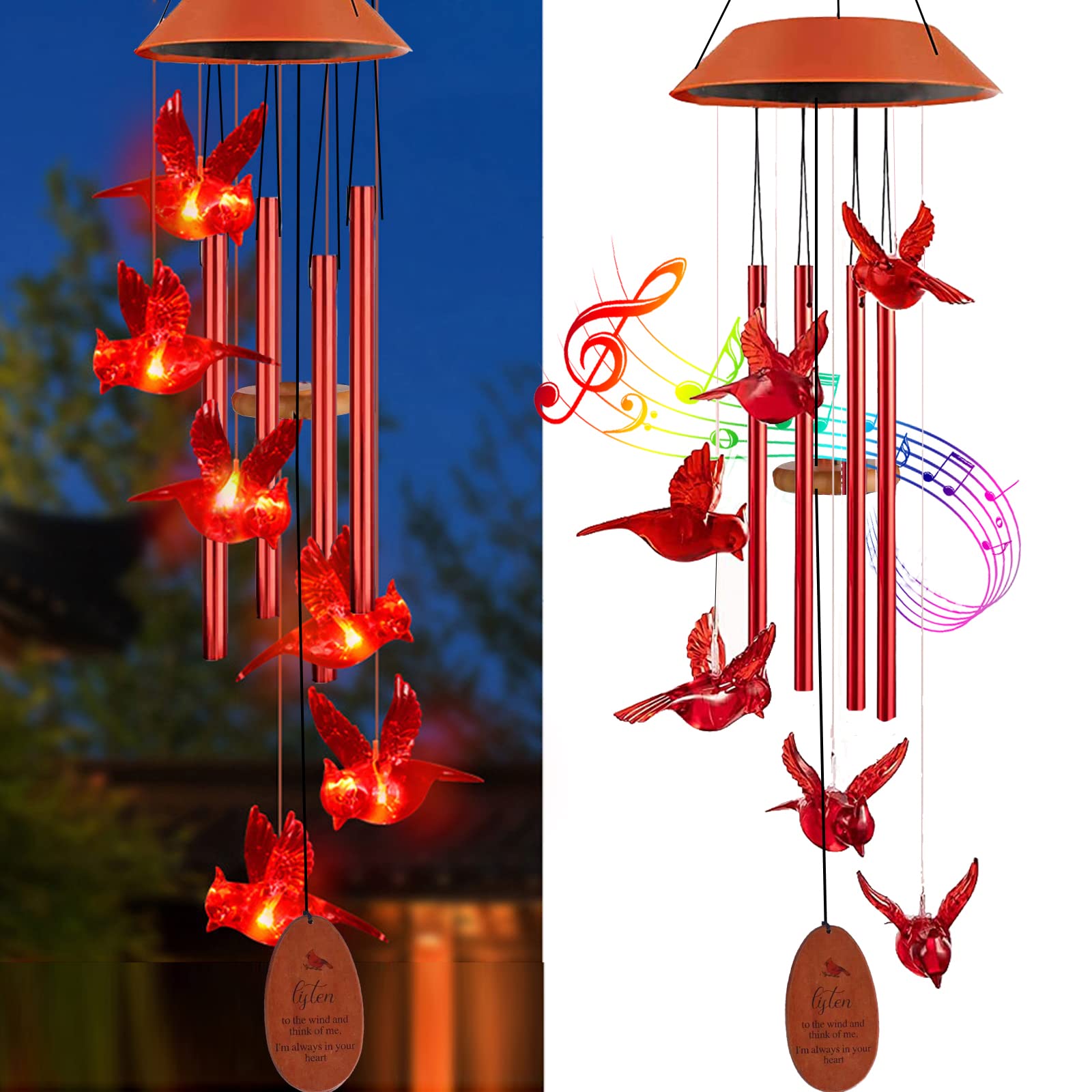 Cardinal Solar Wind Chimes Outdoor Decor - 4 Red Metal Tube Wind Chime with Cardinal Bird Design - Perfect Gift for Women, Mom, Grandma - Birthday, Memorial & Sympathy Gift - Ideal for Garden, Patio & Porch Decorations