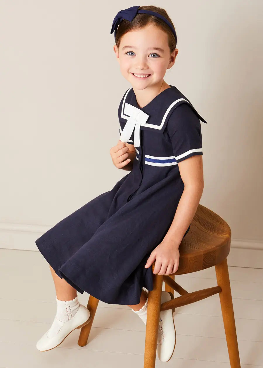 Navy Blue Mariner Collar Bow Detail Short Sleeve Dress for Girls (4-12 Years) - Perfect for School, Parties & Special Occasions