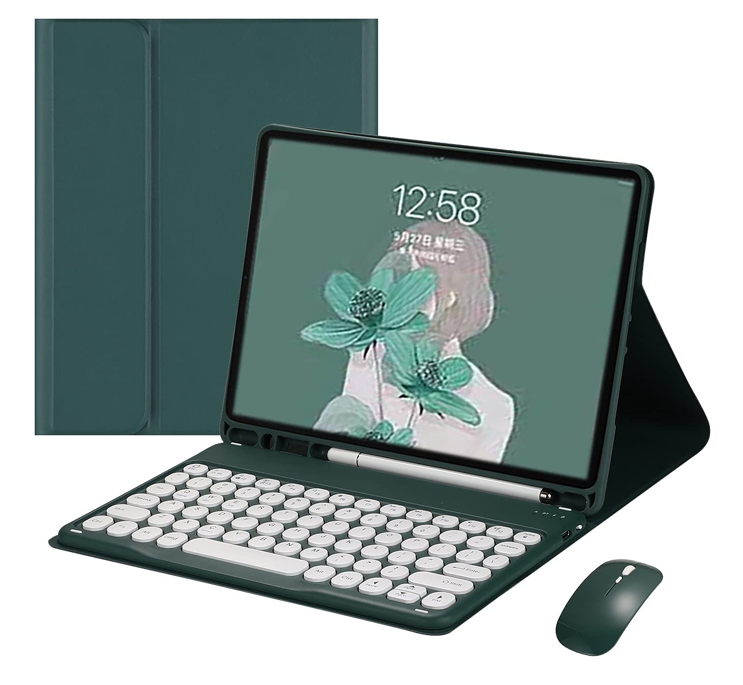 Wireless Bluetooth Keyboard Case for iPad Mini 7 A17 Pro & iPad Mini 6th Gen - Detachable Round Keys, Cute Dark Green Cover with Apple Pencil Holder | Perfect for Travel, Work & Study