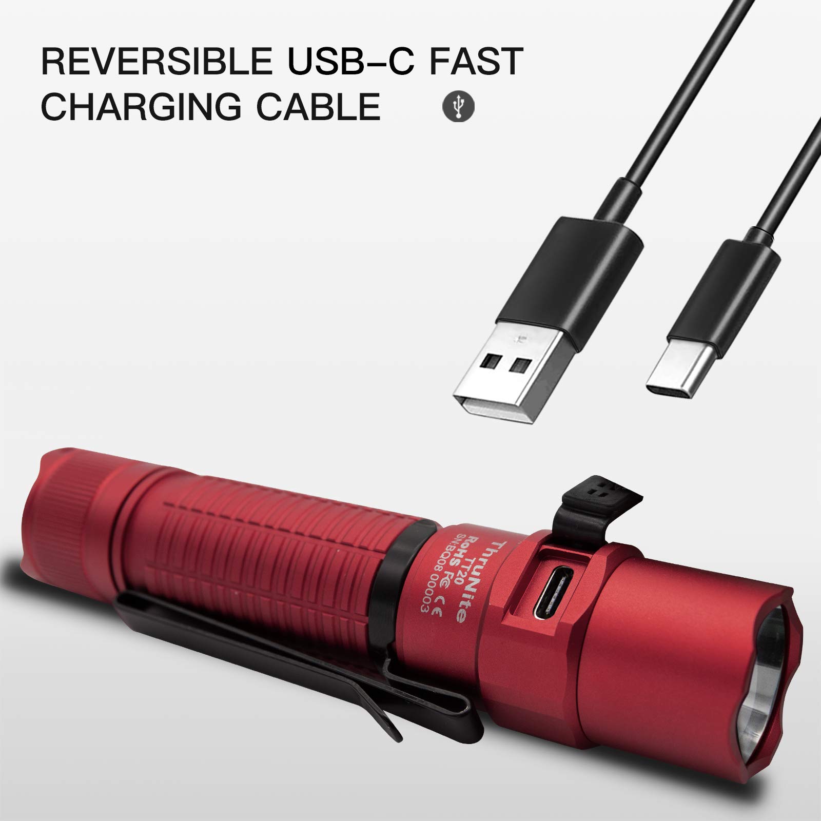 ThruNite TT20 USB-C Rechargeable Flashlight - 2526 Lumens High Output, 258m Beam Distance, Momentary Tail Switch for Hunting, Hiking & Self Defense | Perfect for Outdoor Adventures, Emergency Preparedness & Nighttime Security (Red CW)