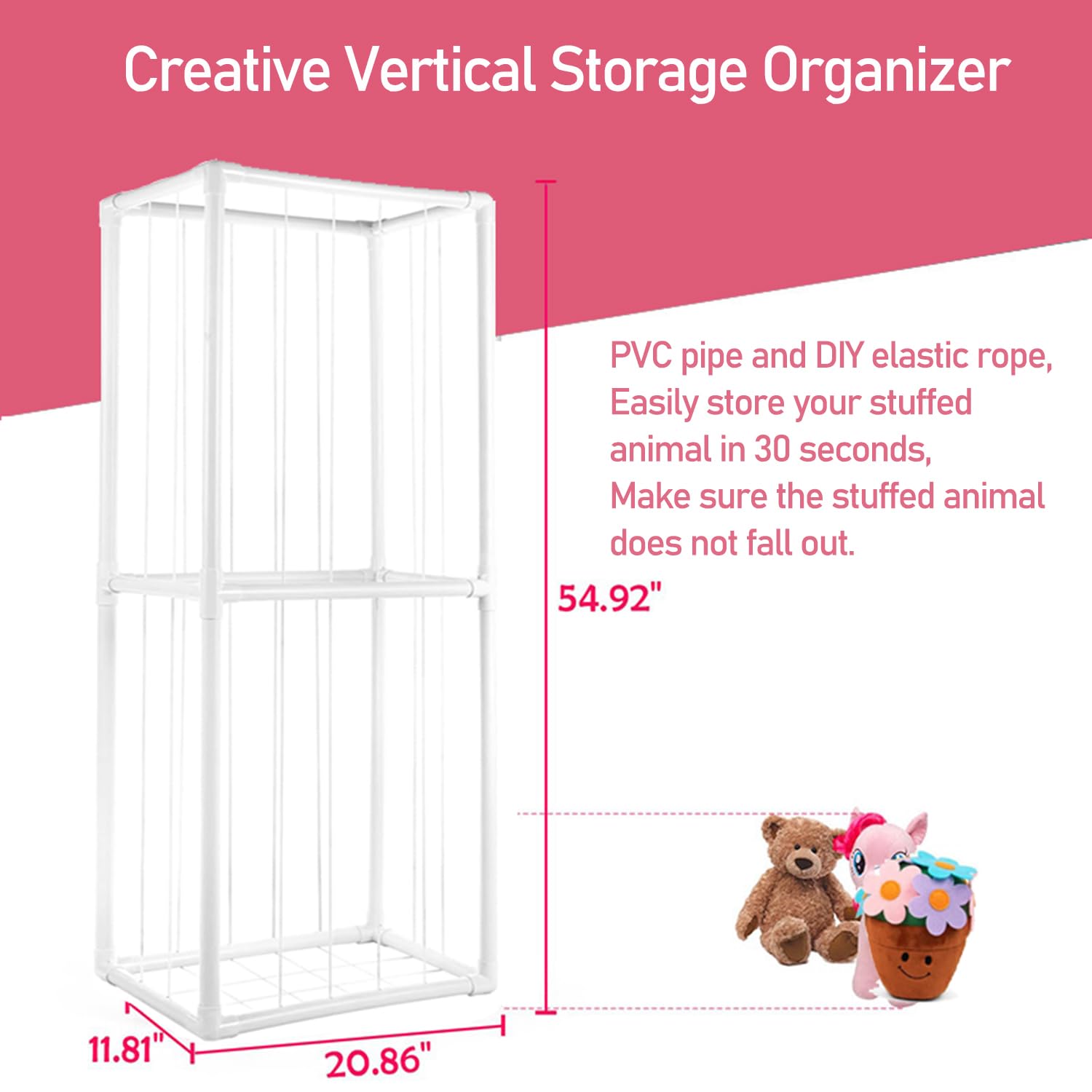 Bubinblau Stuffed Animal Storage Organizer with Elastic Band - Plush Toy Zoo Cage & Creative Doll Storage Rack with Bottom Net - White Kids Room Organizer for Bedroom, Nursery, or Playroom Decor