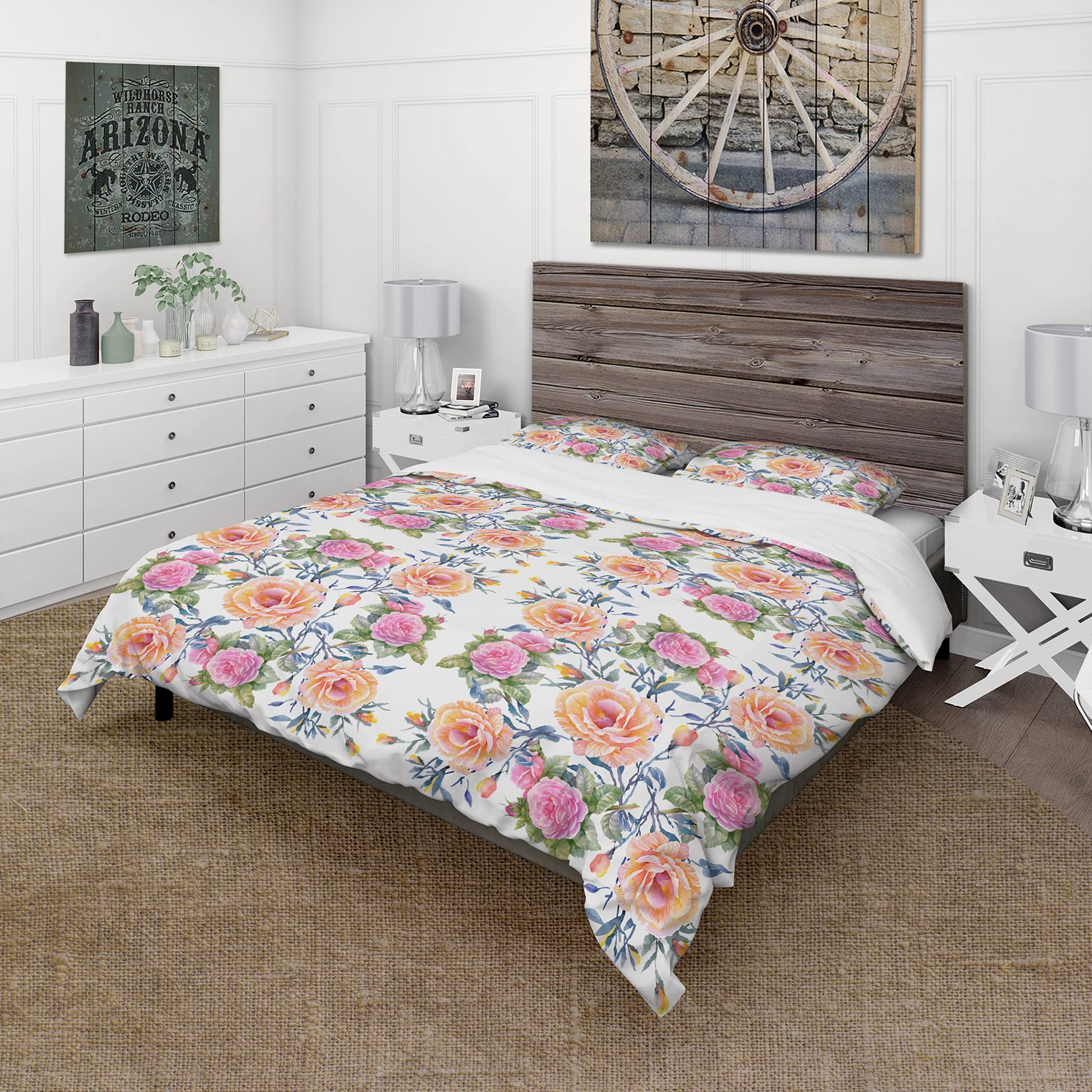 DesignQ Pink Purple Yellow Floral Duvet Cover Set Queen Size - 3 Piece Traditional Floral Bedding Set for All Seasons | Perfect for Master Bedroom, Guest Room & Cozy Home Decor