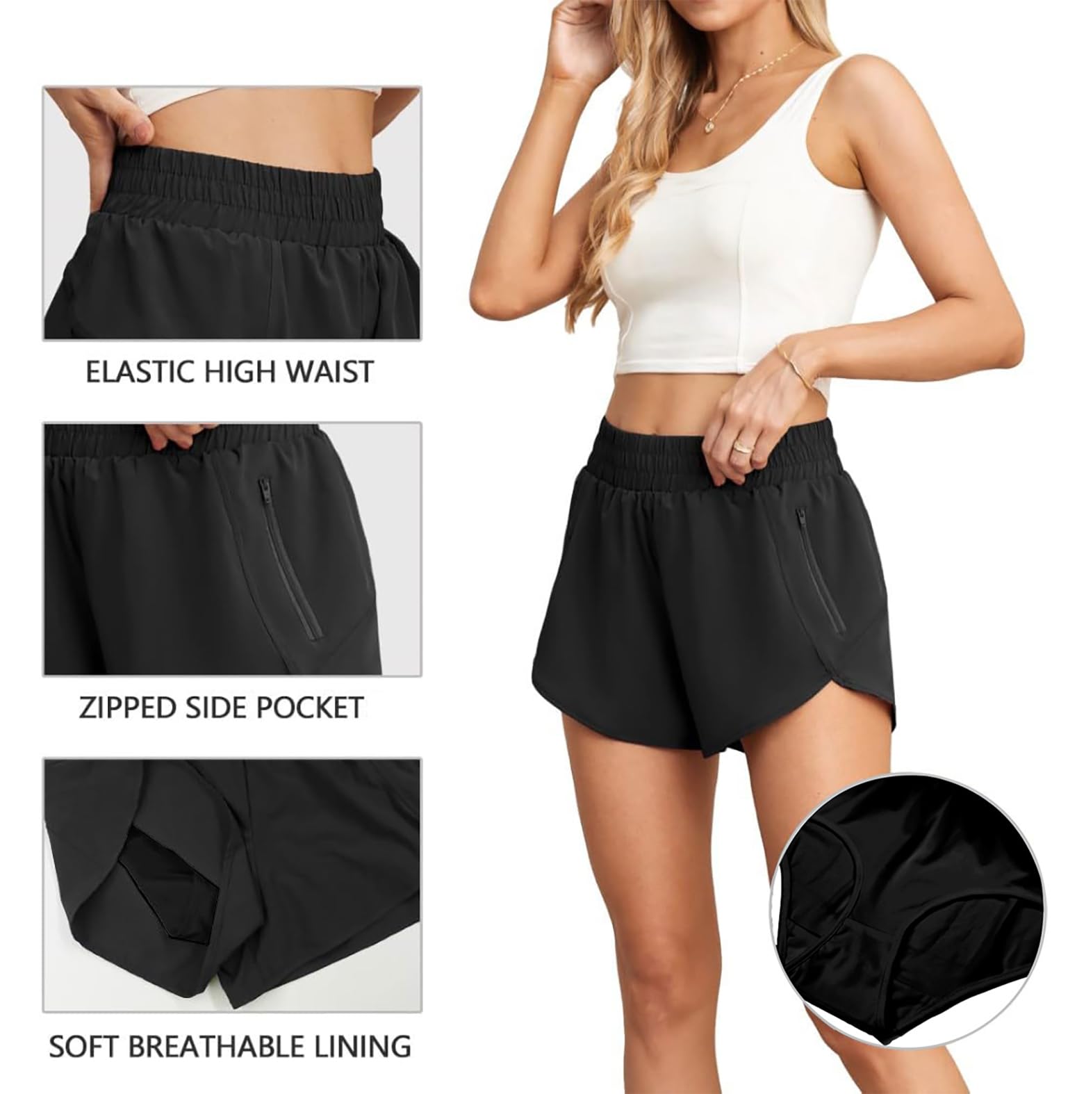 PrinStory Women's High Waisted Running Shorts - Quick Dry Athletic Gym Shorts with Zipper Pockets & Liner | Perfect for Summer Workouts, Jogging & Yoga