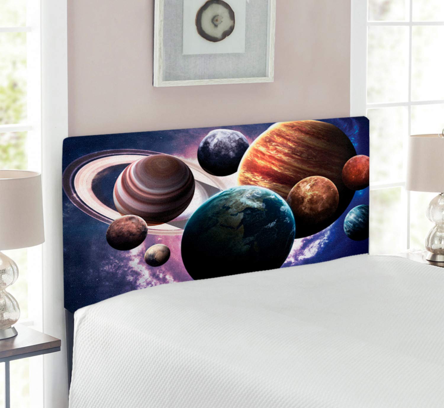 Ambesonne Space Headboard with Solar System Planets Design - Mercury, Jupiter, Saturn & Universe Print - Upholstered Decorative Metal Bed Headboard with Memory Foam - Twin Size, Multicolor - Perfect for Kids' Bedroom, Space-Themed Room Decor & Astronomy Lovers