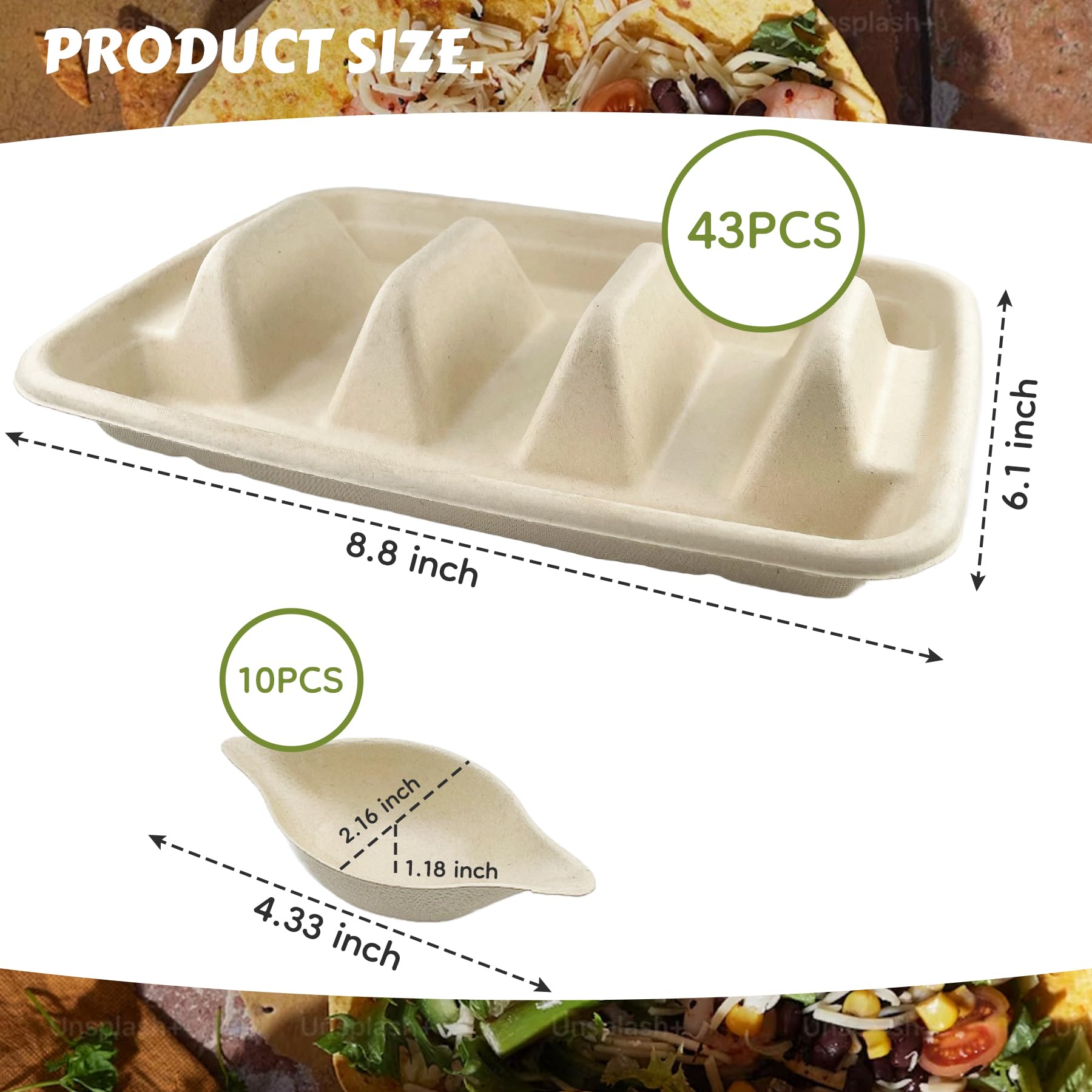 43-Pack Disposable Taco Holder Trays with 3 Dividers & 10 Dip Plates | Eco-Friendly Paper Pulp Fiber Plates for Taco Tuesday Parties, Buffets & Lazy Susan Serving | Perfect for Taco Bars, Game Nights & Family Gatherings