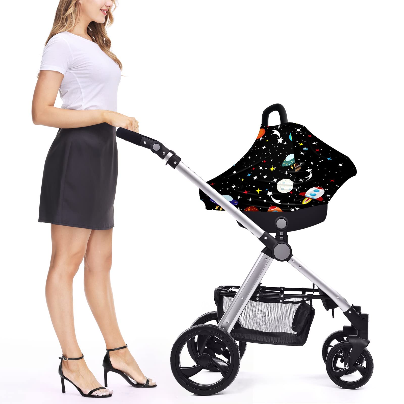 **Cartoon Rocket Spaceship Baby Car Seat Cover - Soft Stretchy Nursing Cover & Infant Car Canopy for Boys & Girls - Perfect for Strollers, Breastfeeding, and Outdoor Adventures**