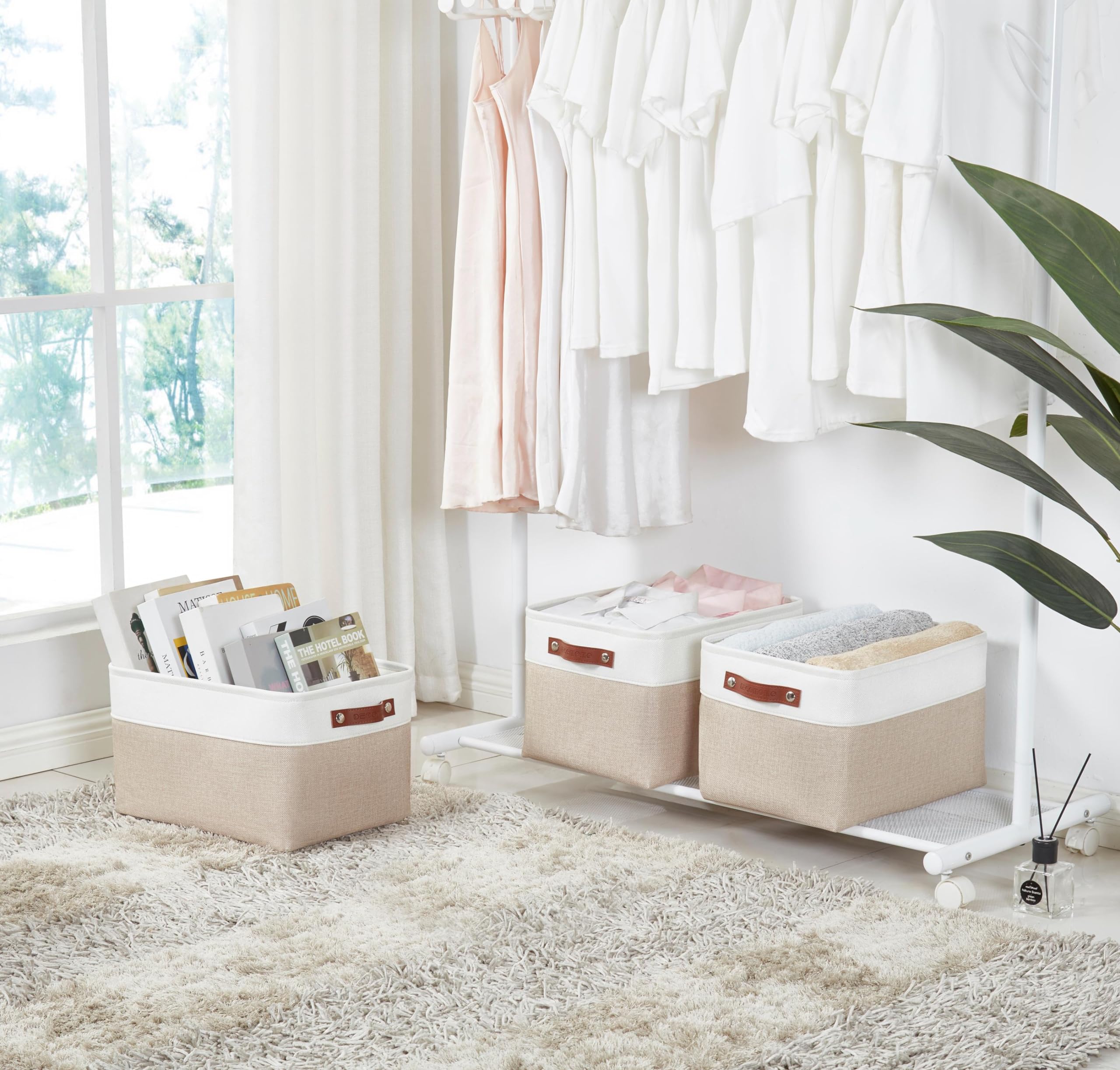 DECOMOMO Fabric Storage Bins - Extra Large 3-Pack Beige & White Closet Organizer Baskets for Shelves, Toys, Nursery, and Linen Closet Organization | Perfect for Home, Office, and Kids Room Storage Solutions