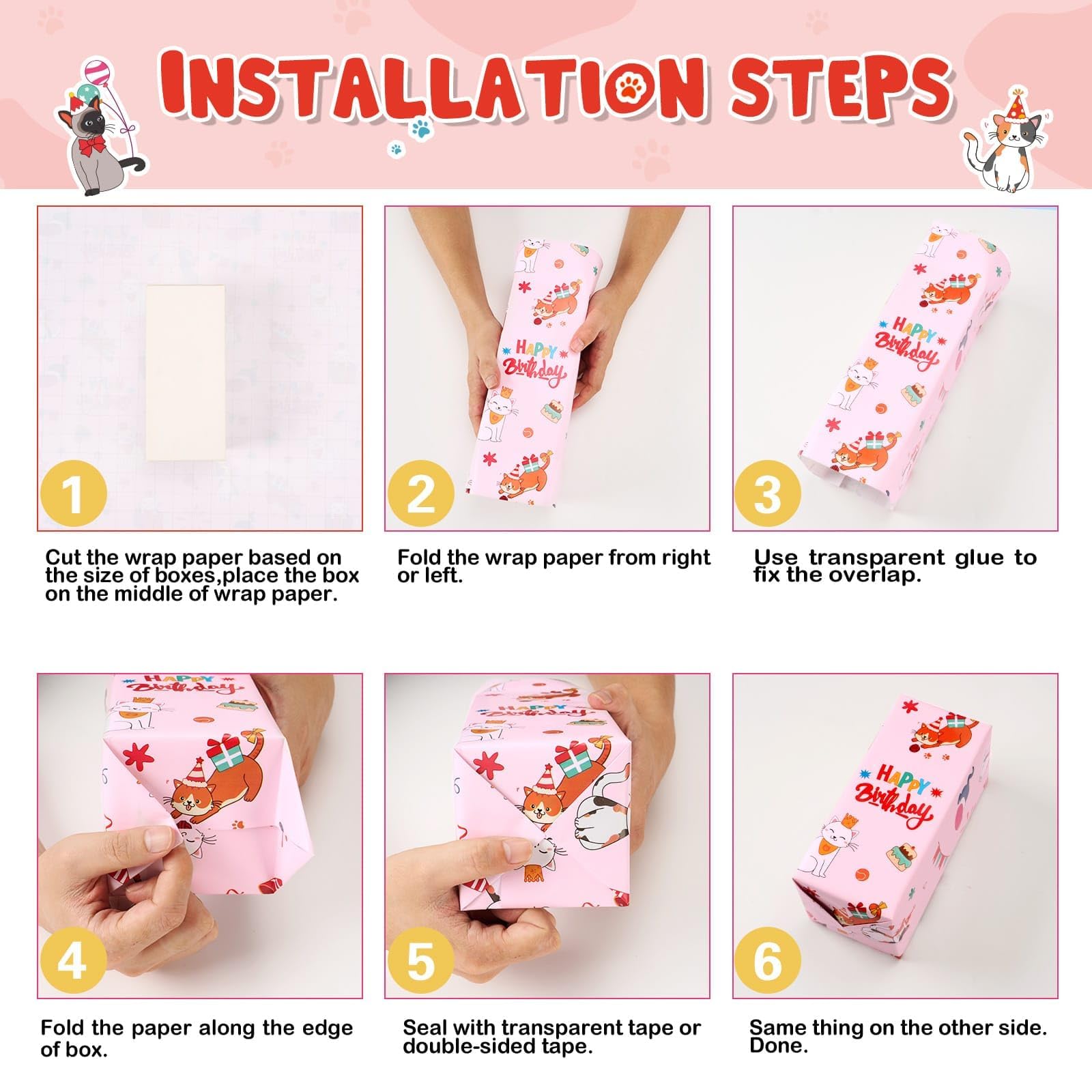 WERNNSAI Cat Wrapping Paper Rolls - 3 Rolls 17” x 120” Birthday Gift Wrap with Cutting Lines | Cute Kitten Themed Wrapping Paper for Girls, Birthday Presents & Party Decorations