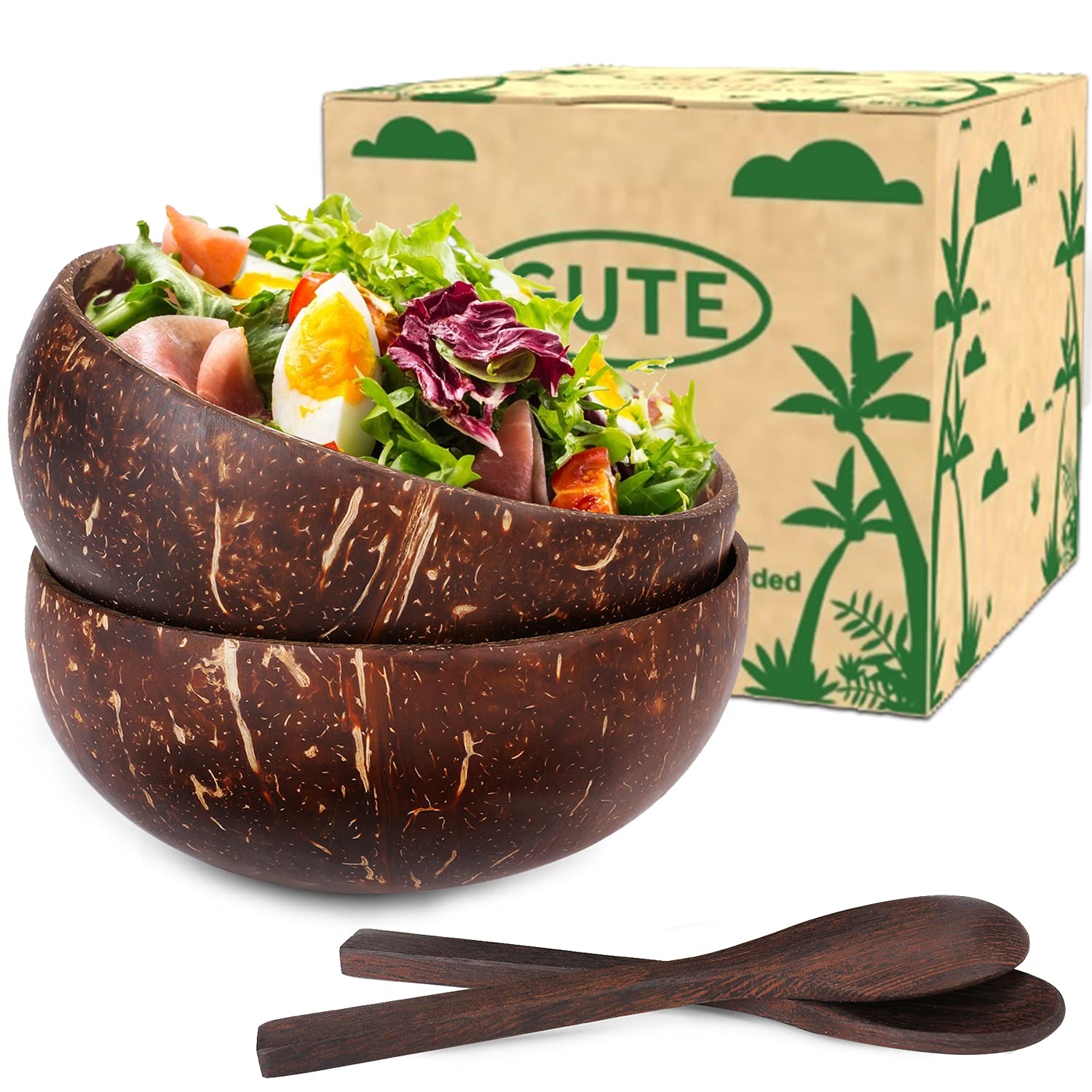 2 Pack Coconut Bowls with Spoons - Eco-Friendly Serving Bowls for Breakfast, Salad & Party Decor