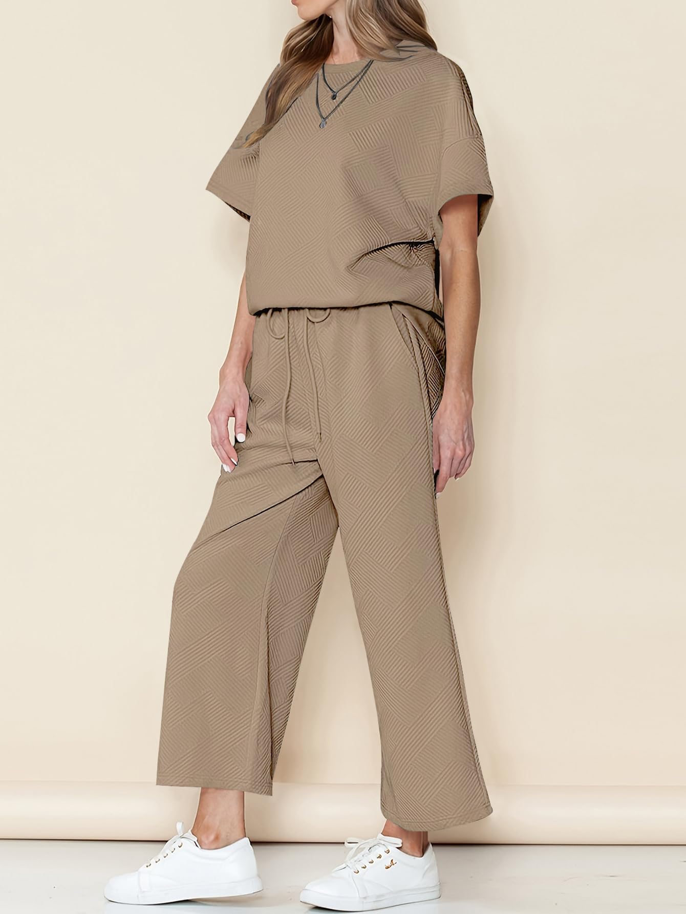 Women's 2-Piece Knit Lounge Set - Short Sleeve Pullover Top & Wide Leg Pants | Soft Summer Outfit for Home, Travel & Relaxation | 2024 Casual Comfort Wear