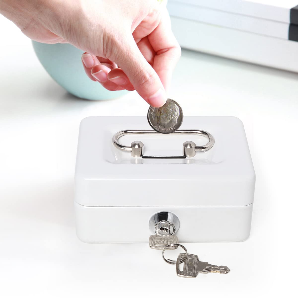 Jssmst Small Lock Cash Box with Key Lock & Money Slot - Secure Money Box for Kids, Home, Office & Retail Use - Durable White Locking Storage Box for Cash, Coins & Valuables