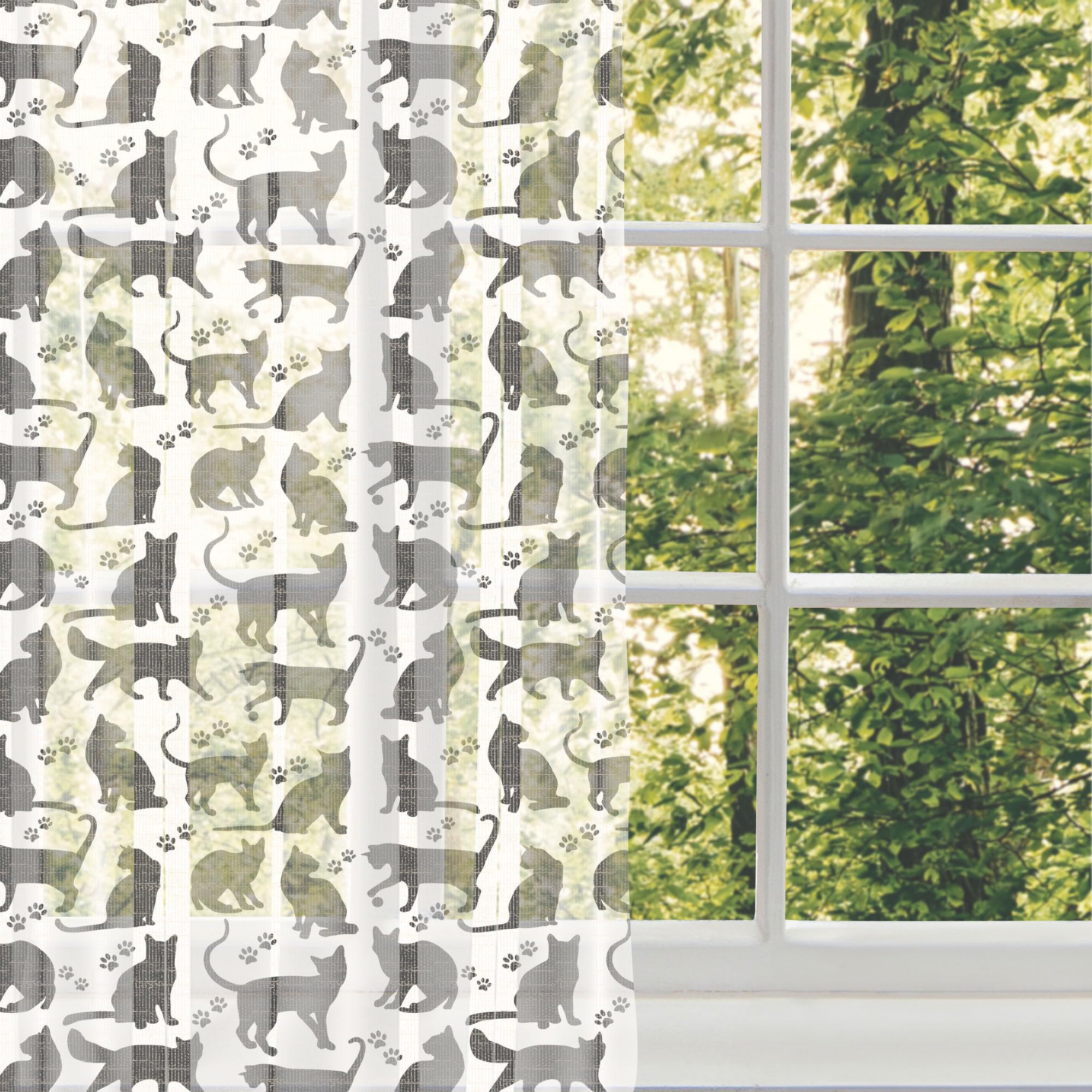 Ambesonne Black & White Cat Silhouette Tulle Curtains - Rod Pocket Sheer Drapes for Living Room, Bedroom, Wedding (2 Panels, 108