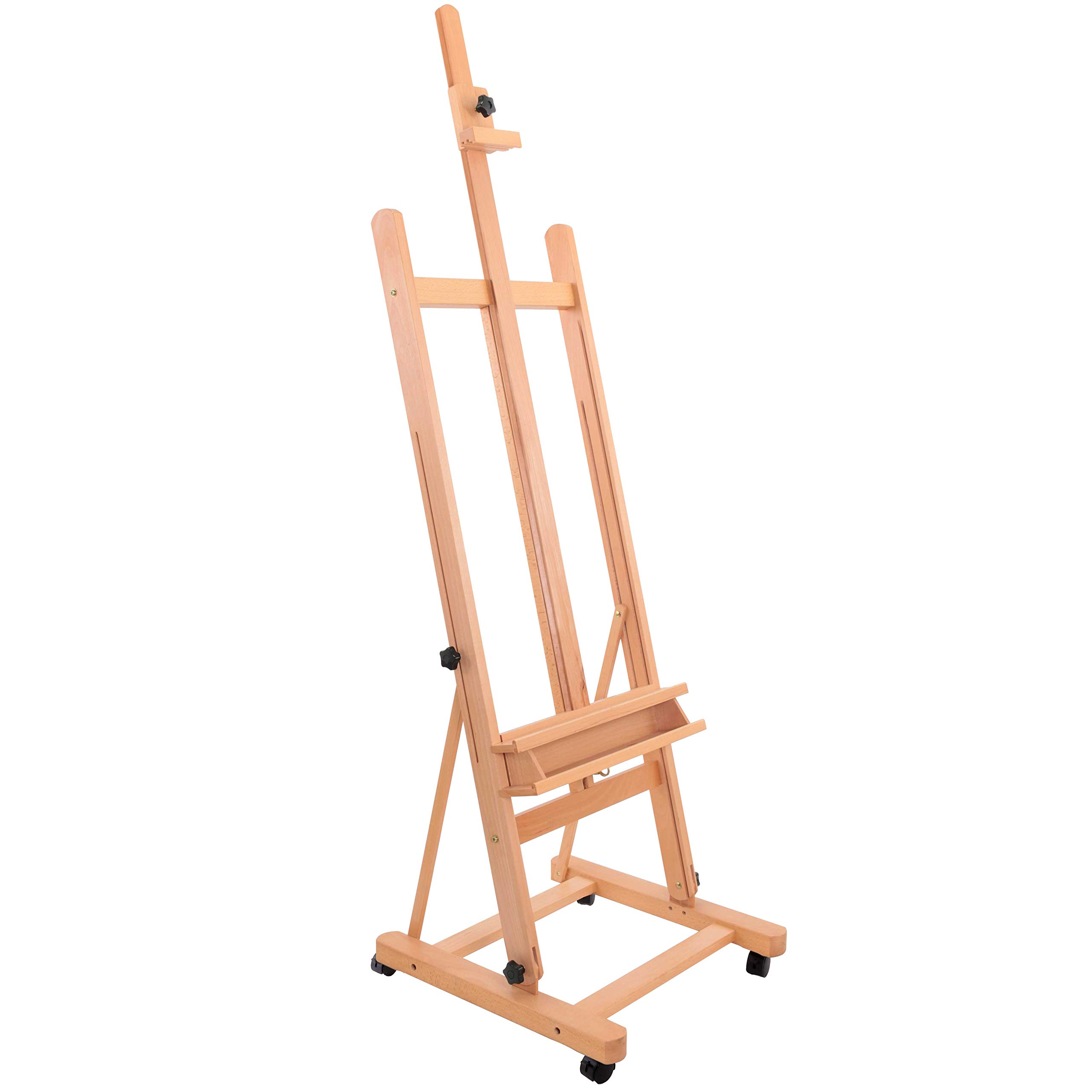 U.S. Art Supply Adjustable Beechwood H-Frame Studio Easel with Storage Tray & Wheels - Extends to 96