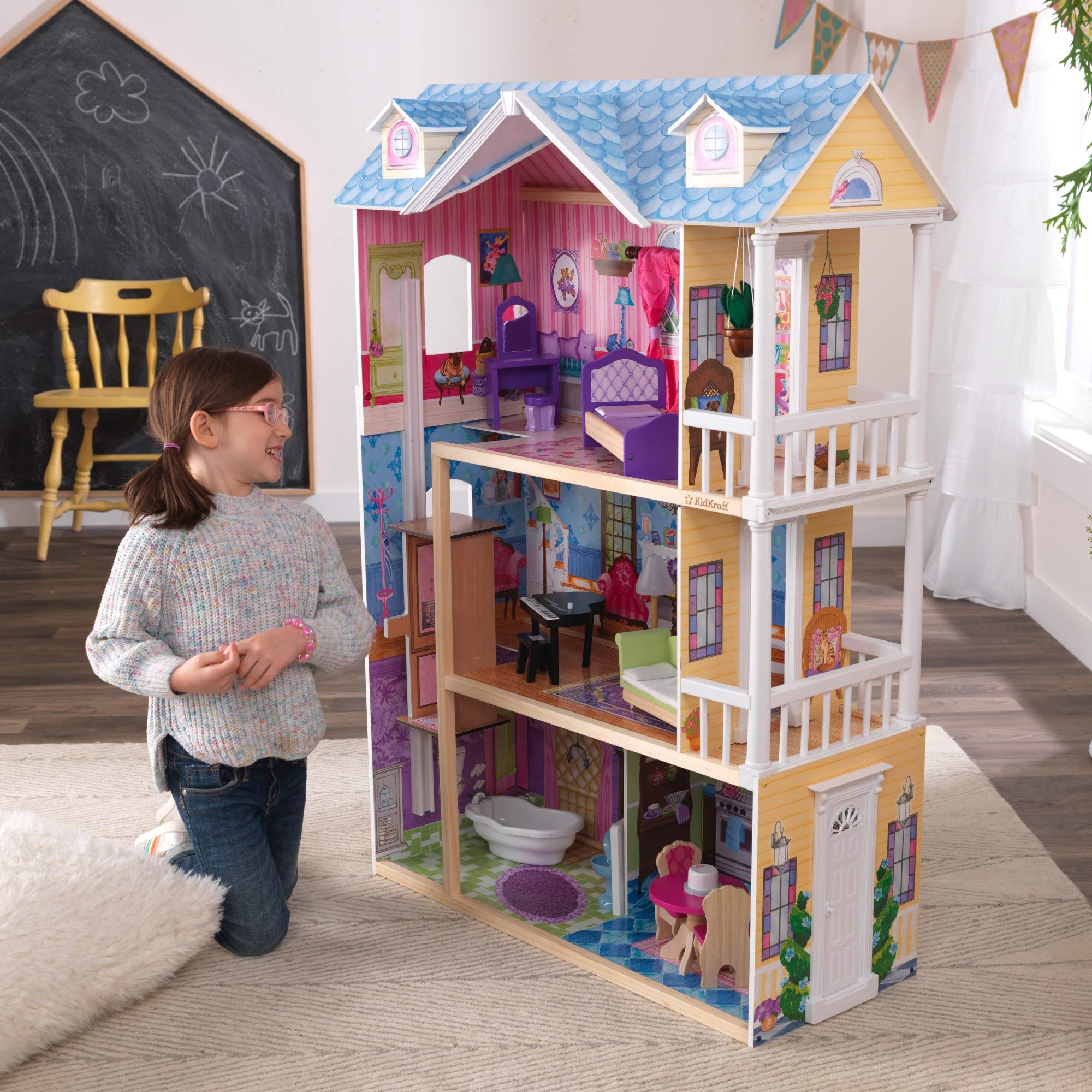 KidKraft My Dreamy Wooden Dollhouse with Lights & Sounds - 3-Story Wooden Doll House with Elevator, 14 Accessories - Perfect Gift for Girls Ages 3+ | Pretend Play, Imaginative Play, Birthday Gift Idea