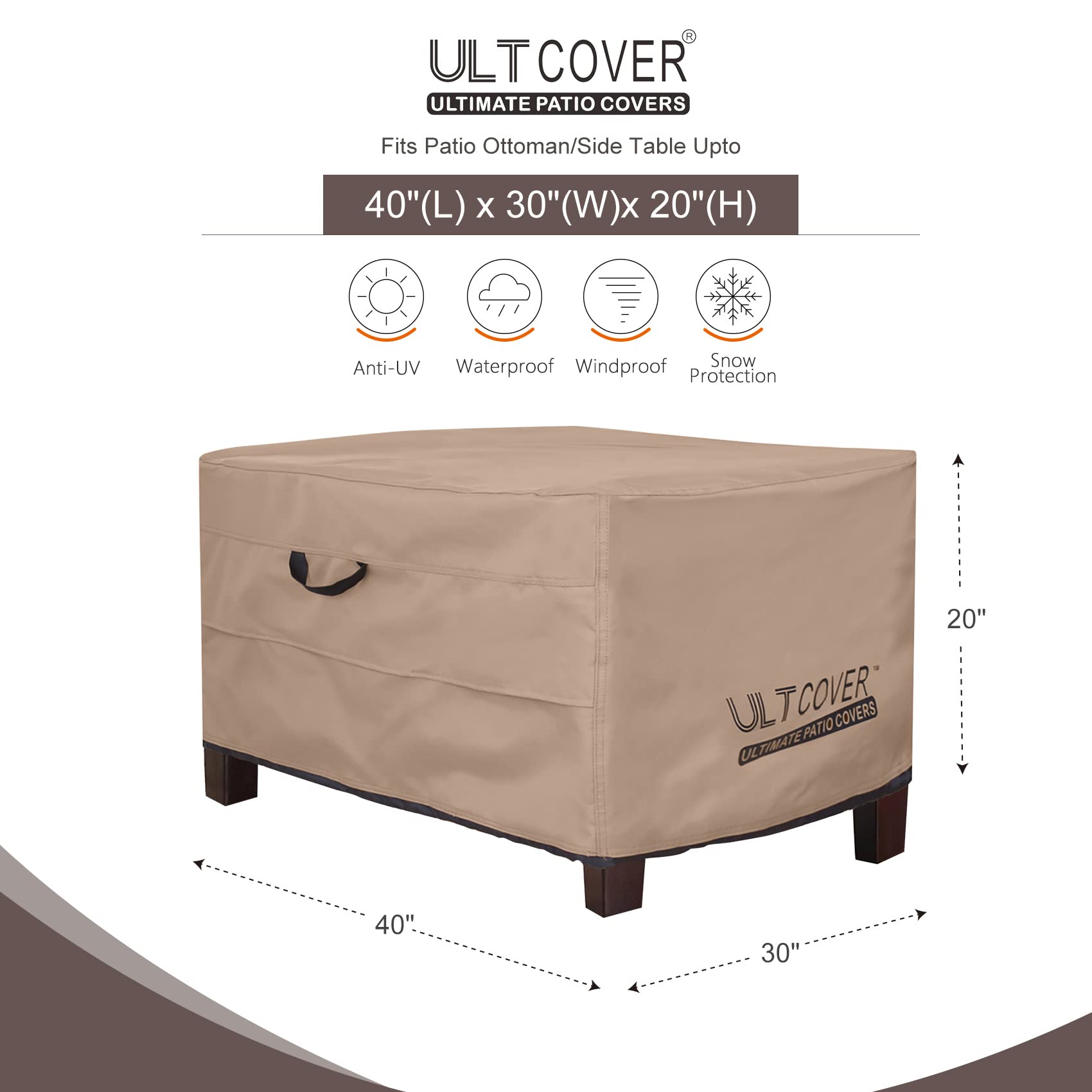 ULTCOVER Waterproof Outdoor Ottoman Cover 40x30x20 Inch - Heavy Duty Rectangular Patio Furniture Protector for Side Table, All Weather Resistant - Perfect for Garden, Deck & Backyard Use