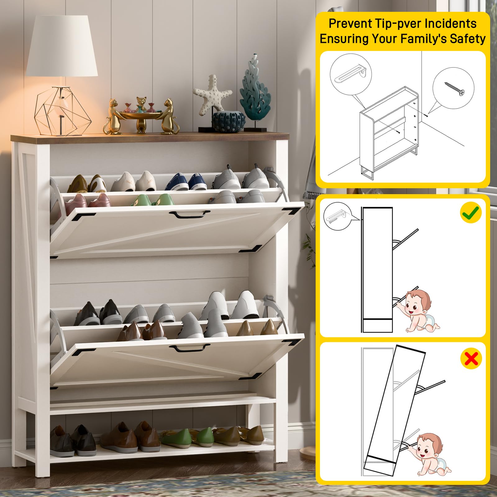 5-Tier Rustic White Shoe Cabinet with 2 Flip Drawers - Farmhouse Entryway Storage Organizer, Narrow Freestanding Wooden Shoe Rack for Hallway, Living Room & Bedroom Closet Organization