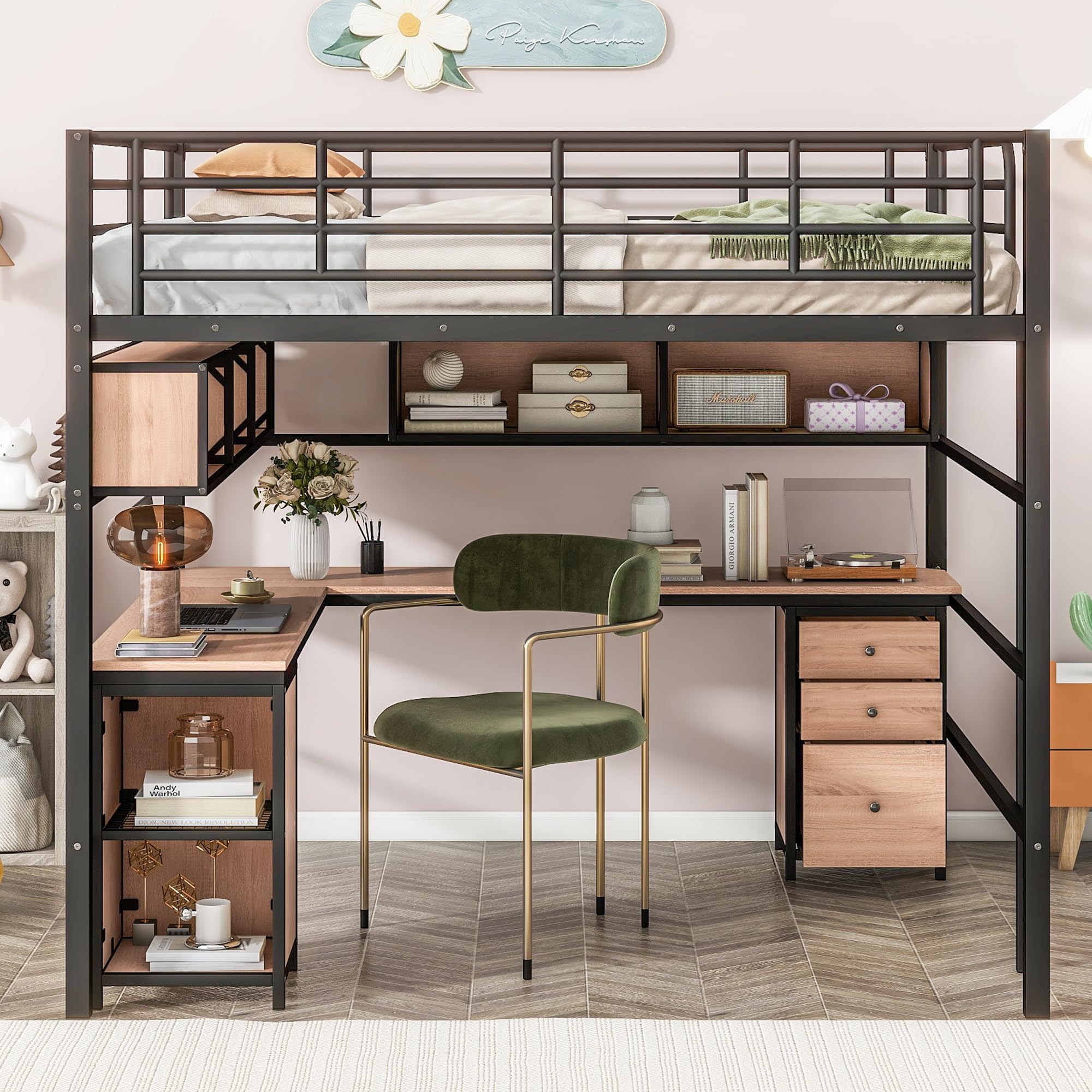 Full Size Loft Bed with Desk & Storage - Metal Bed Frame with Bookcase & Cabinet - Space Saving Black Loft Bed for Small Rooms, Dorm, Studio Apartments & Kids Bedroom