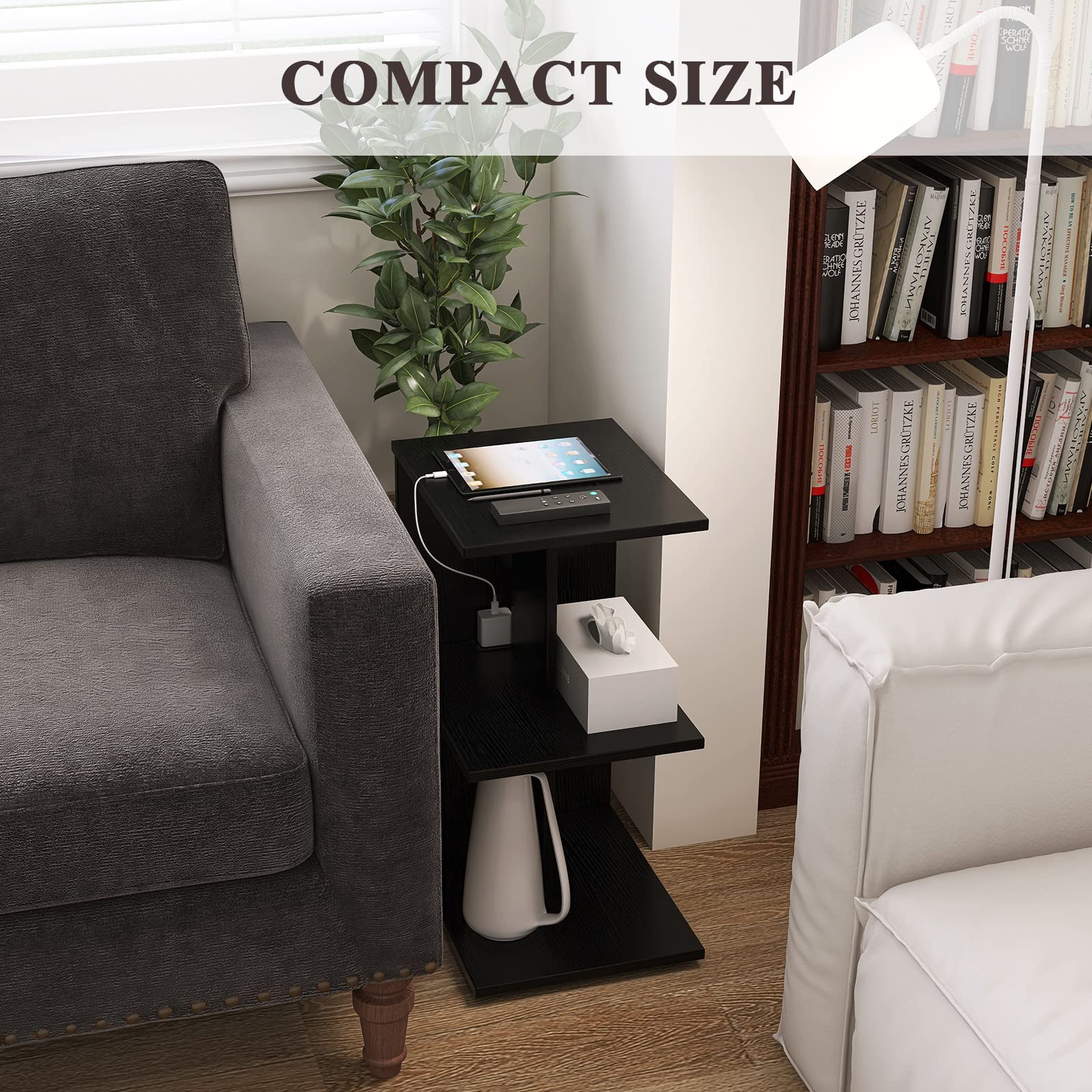 ZGREN Narrow End Table with USB Charging Station & Outlets - Slim Rolling Nightstand for Small Spaces, Bedroom, Living Room - Black | Perfect for Bedside, Sofa, Couch & Compact Spaces