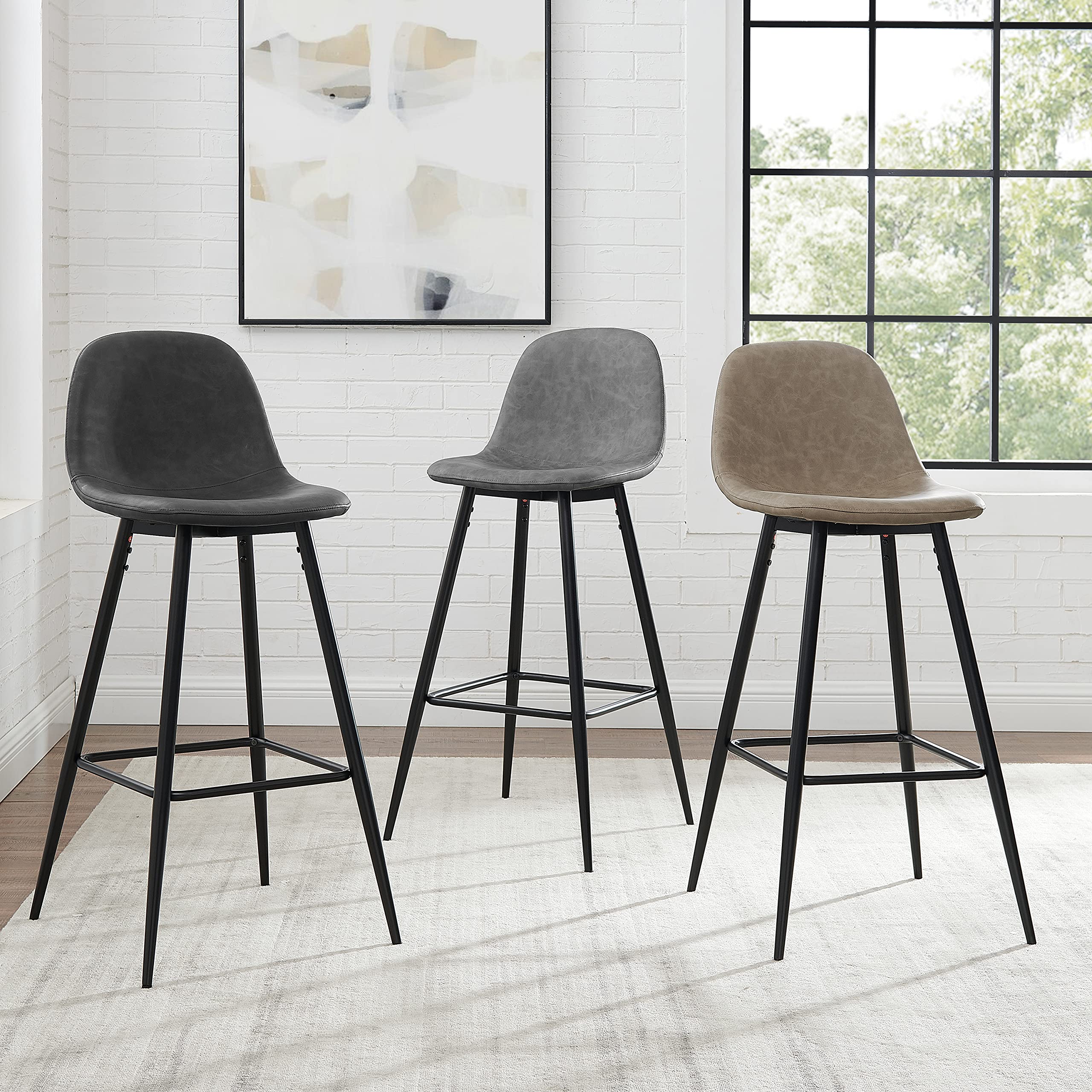 Crosley Furniture Weston Upholstered Bar Stools Set of 2 - Distressed Black & Matte Black Counter Height Stools for Kitchen Island, Breakfast Bar & Home Decor