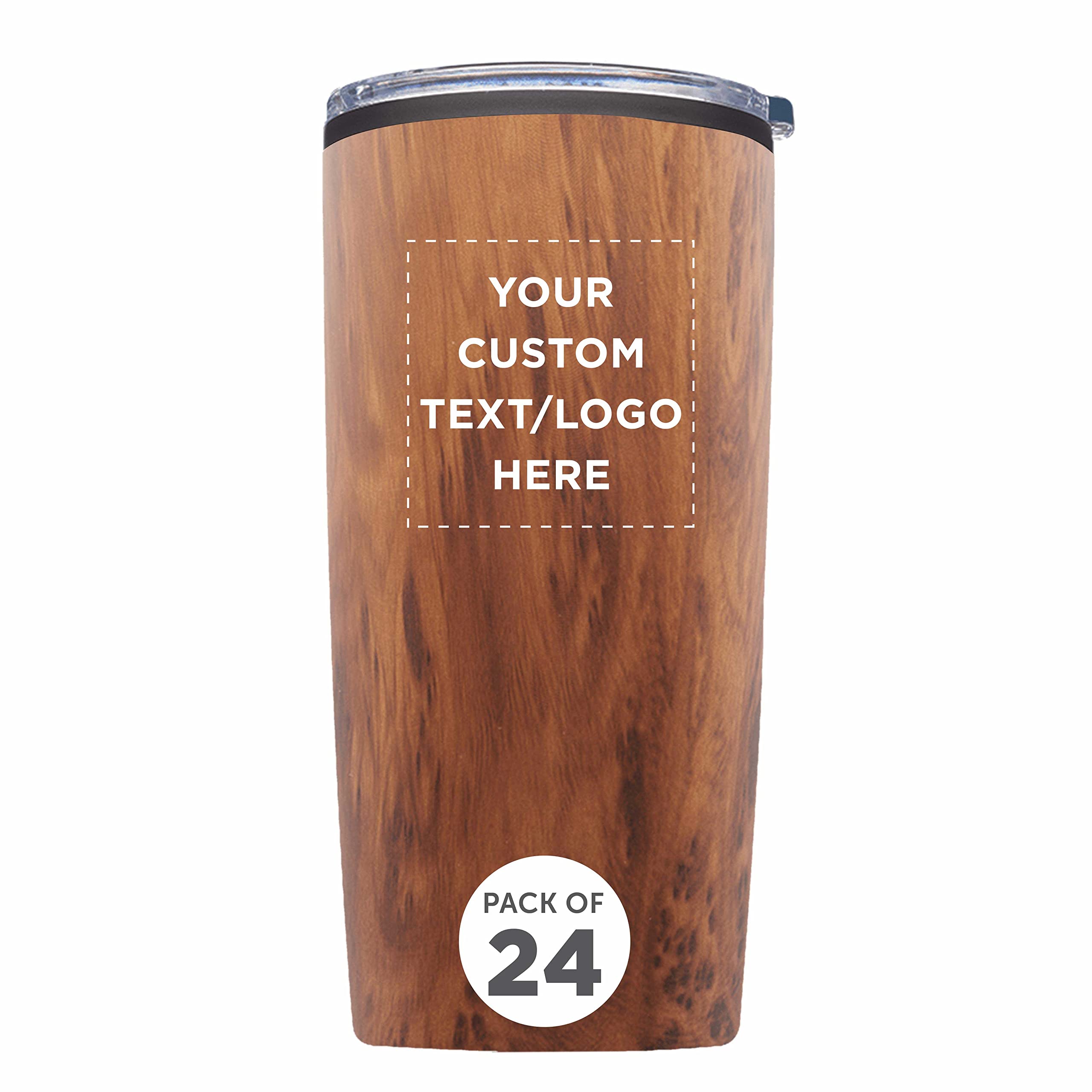 24-Pack Custom 20 oz Plastic Tumblers with Lids - Insulated Personalized Bulk Coffee Cups for Iced Drinks, Travel & Outdoor Use - Wood Grain Design